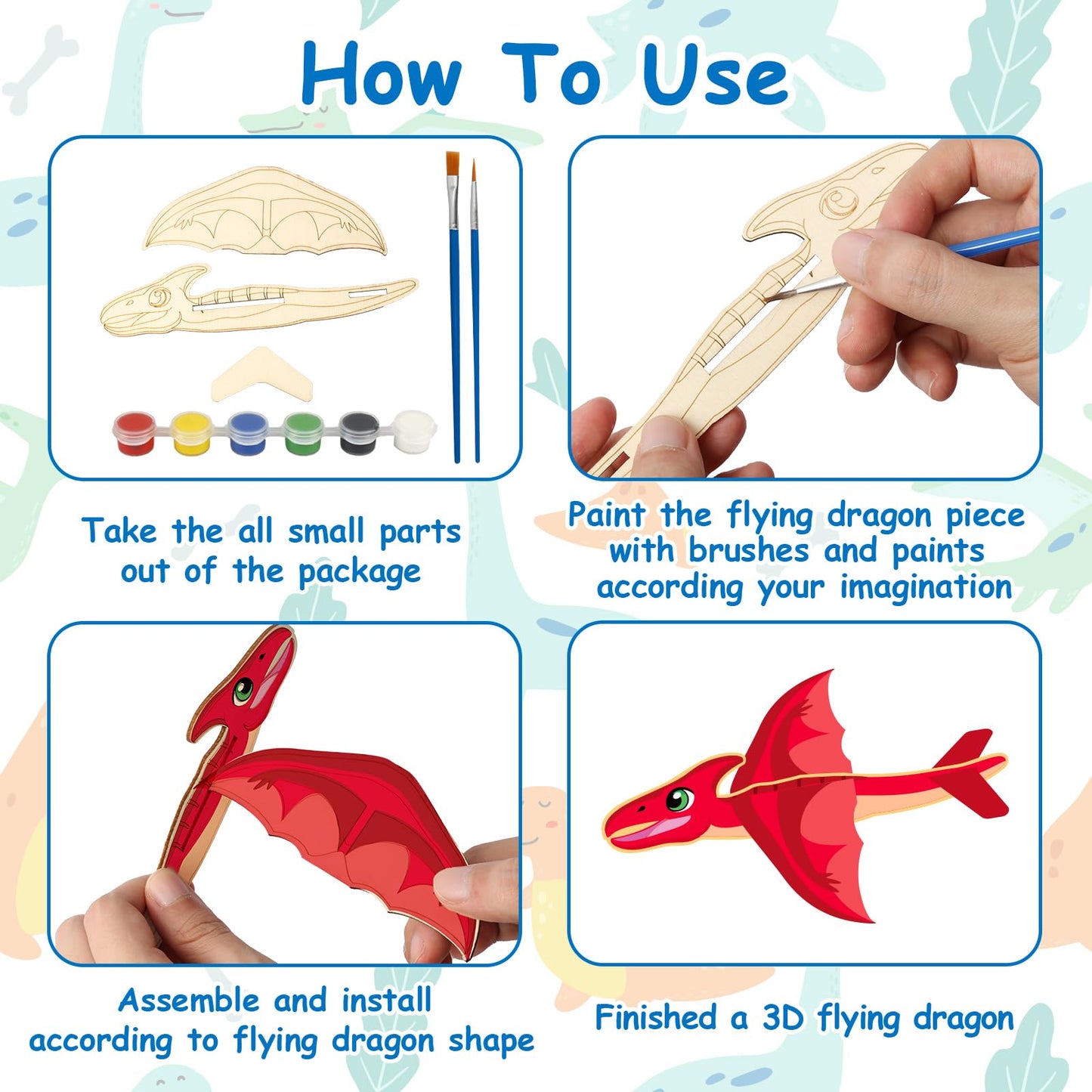 Fennoral 14 Pack Wooden Dragon Craft for Kids Make Your Own 3D Dragon kit for Boys Girls DIY Paint Wood Craft for School Art Activity Kids Birthday