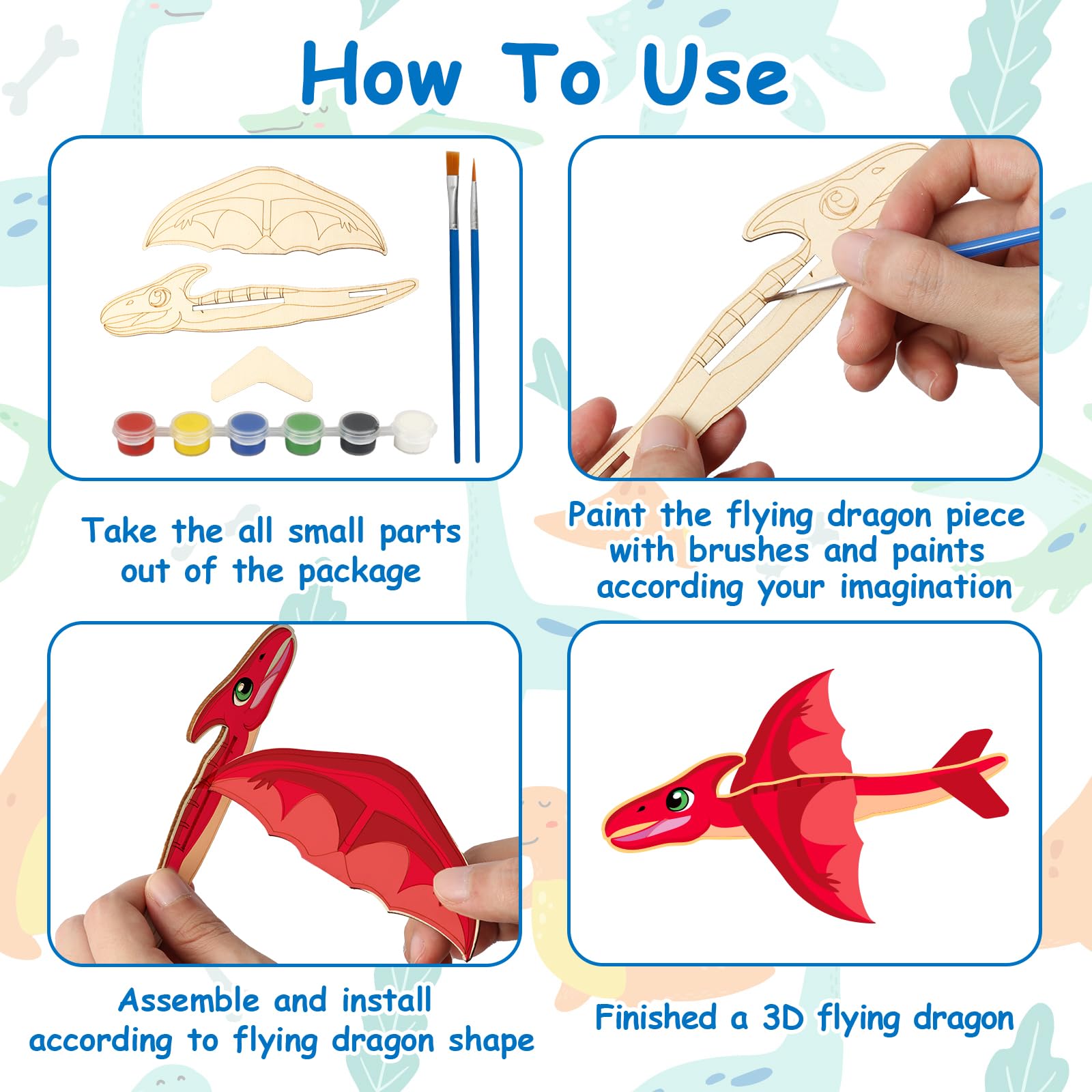 Fennoral 14 Pack Wooden Dragon Craft for Kids Make Your Own 3D Dragon kit for Boys Girls DIY Paint Wood Craft for School Art Activity Kids Birthday