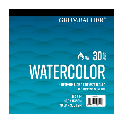 Grumbacher 6" x 6" Cold Press Watercolor Paper Pad, 140 lb. / 300 GSM, Tape-Bound, 30 Sheets/Pad, 1 Each