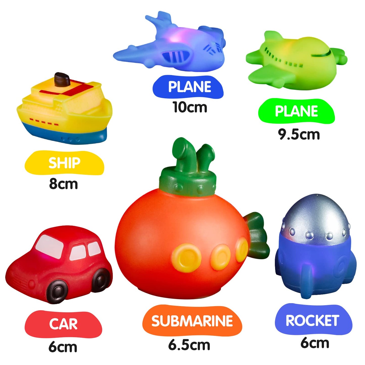 Light Up Bath Toys Transport Glowing Tub Toy with Auto Colourful Flashes Light 6pcs Floating Submarine Rocket Ship Car Airplane Aircraft Model Toy