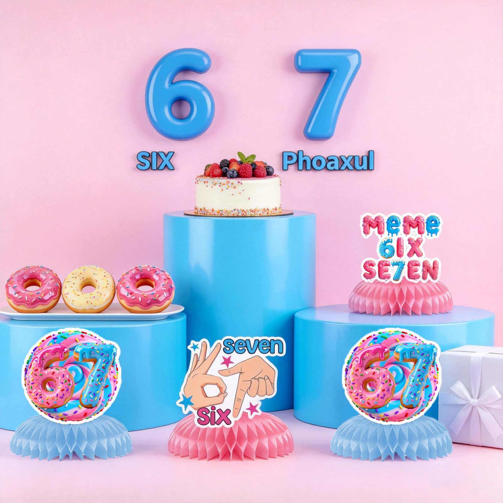 6 7 Birthday Decorations Donut Ice Cream Theme Six Seven Honeycomb Centerpieces Funny 67 Meme Party Table Decor for Kids Teens Adults Meme Lovers