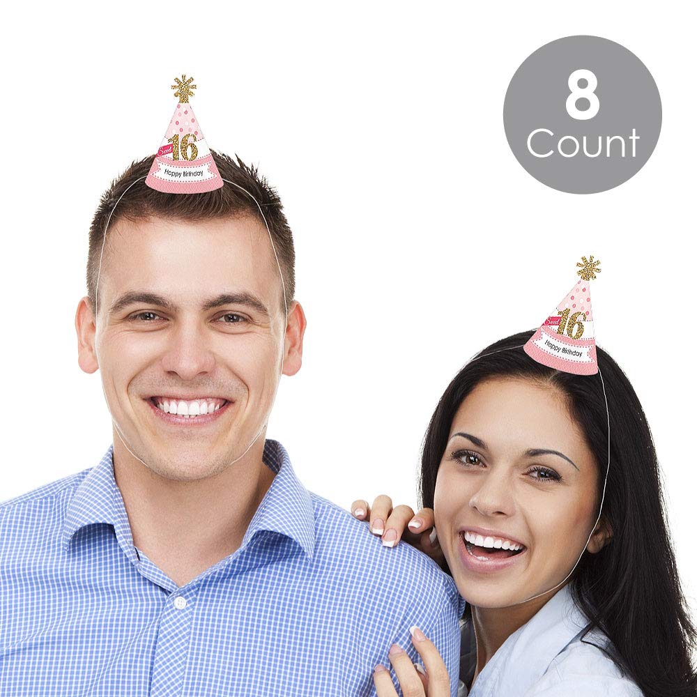 Big Dot of Happiness Sweet 16 - Mini Cone 16th Birthday Party Hats - Small Little Party Hats - Set of 8