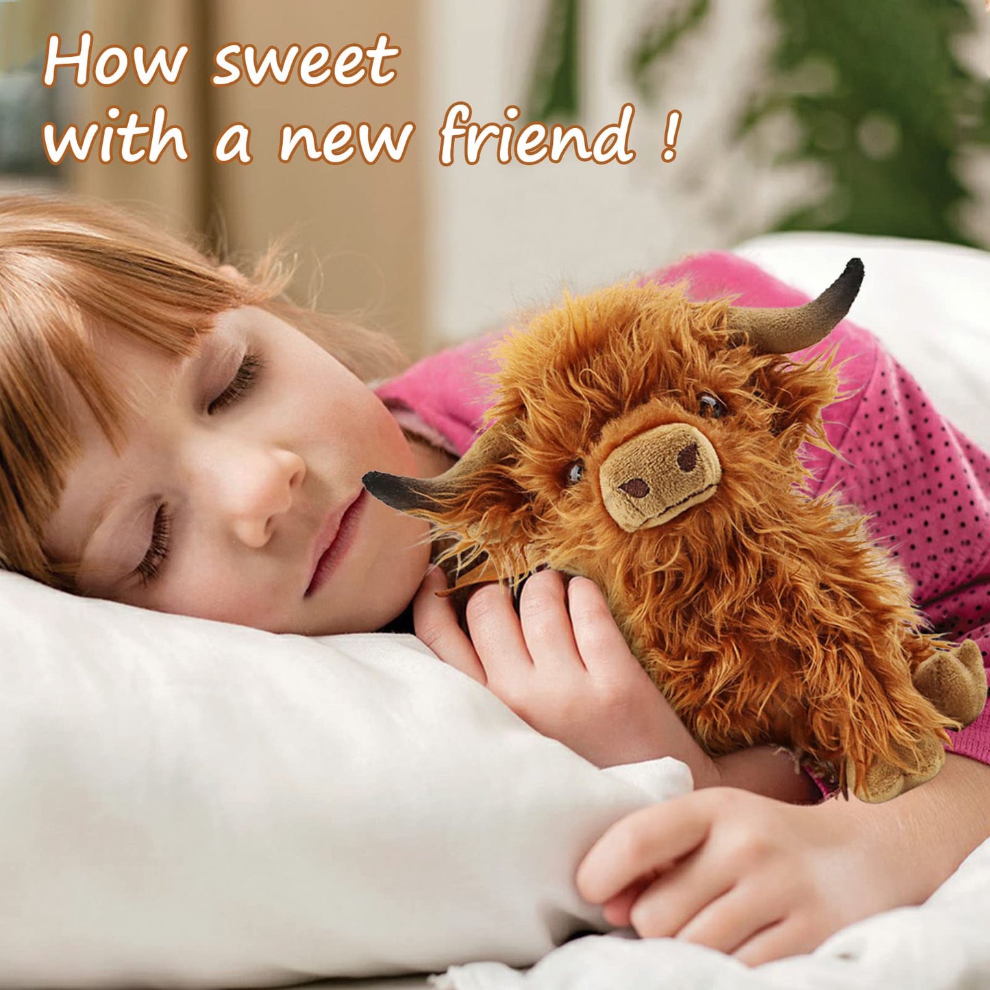 Cute Highland Cows Stuffed Animals,10.5 inches Realistic Cow Plush Toy,Highland Cattle Farm Toy Present for Adults Kids Boys Christmas Halloween Girls