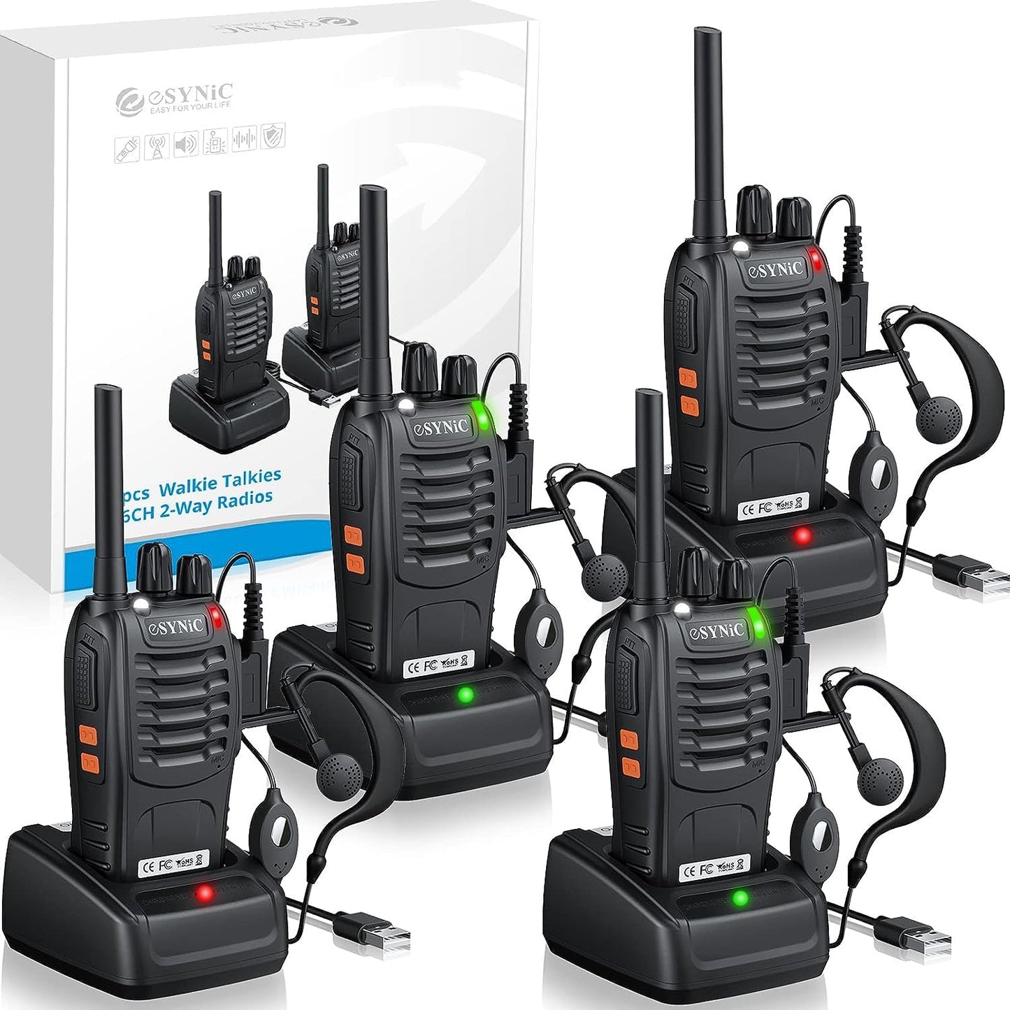 eSynic 4 Pack Rainproof Walkie Talkies-Easy to Carry-3 Miles Long Range-16Ch Walky Talky with Earpieces-Flashlight & VOX Hand Free Talking-1500mAh