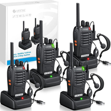 eSynic 4 Pack Rainproof Walkie Talkies-Easy to Carry-3 Miles Long Range-16Ch Walky Talky with Earpieces-Flashlight & VOX Hand Free Talking-1500mAh