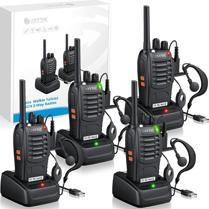 eSynic 4 Pack Rainproof Walkie Talkies-Easy to Carry-3 Miles Long Range-16Ch Walky Talky with Earpieces-Flashlight & VOX Hand Free Talking-1500mAh