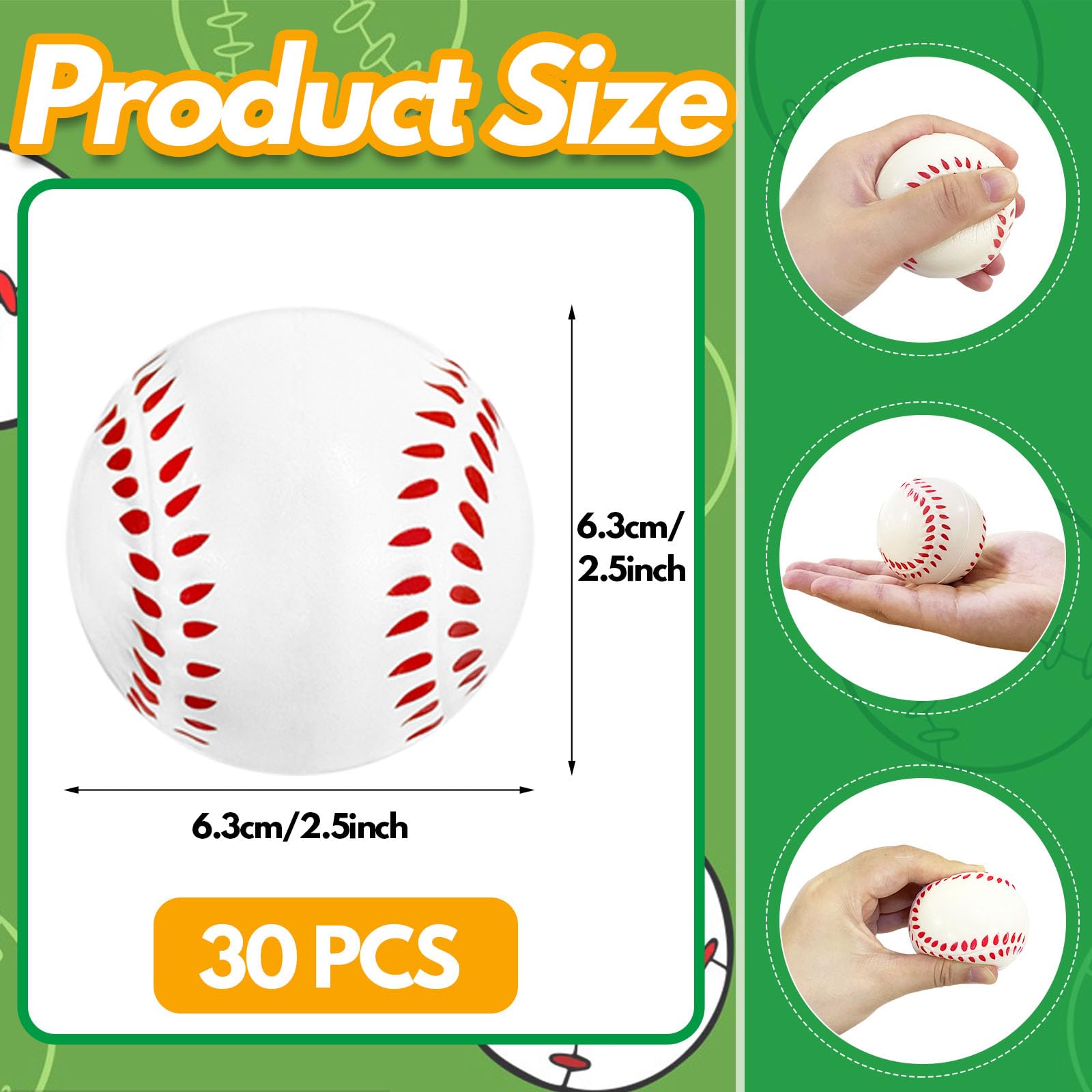 30 Pack Baseball Stress Balls,2.5 Inch Soft Foam Baseballs,Sports Squeeze Balls Toys for Kids,School Carnival Reward,Sports Theme Party