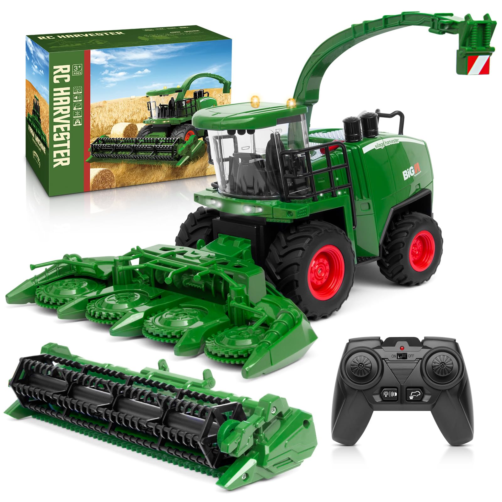 Uarzt Remote Control Combine Harvester Tractor Toy, 1/24 Scale RC Harvester Toys for Kids with 2 Grian Heads/2 Rechargeable Batteries/Light, Farm Toys