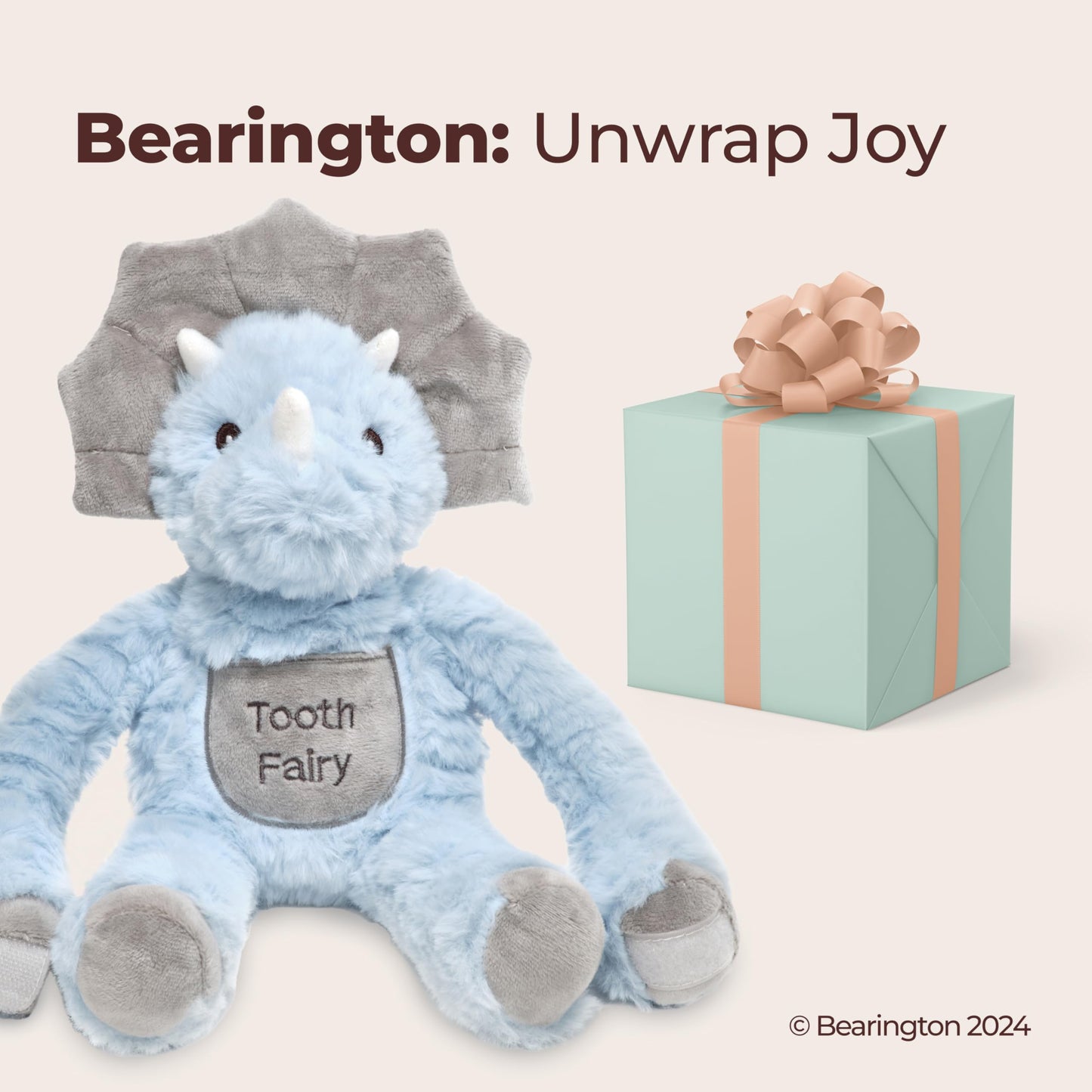 Bearington Lil' Tracer Dinosaur Stuffed Animal - 12" Tooth Fairy Tooth Holder with Soft Plush Fur, Long Arms with Velcro, and Little Pocket - Adorable