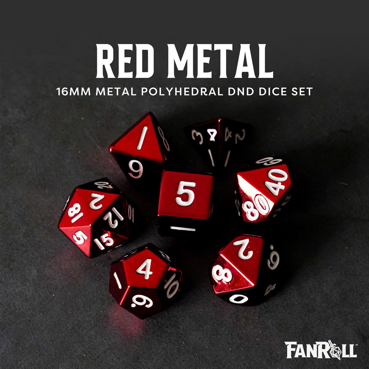 FanRoll 16mm Metal Polyhedral DND Dice Set: Red, Role Playing Game Dice for Dungeons and Dragons