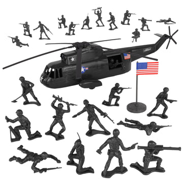 TimMee Plastic Army Men Helicopter Playset - Black 26pc Made in USA