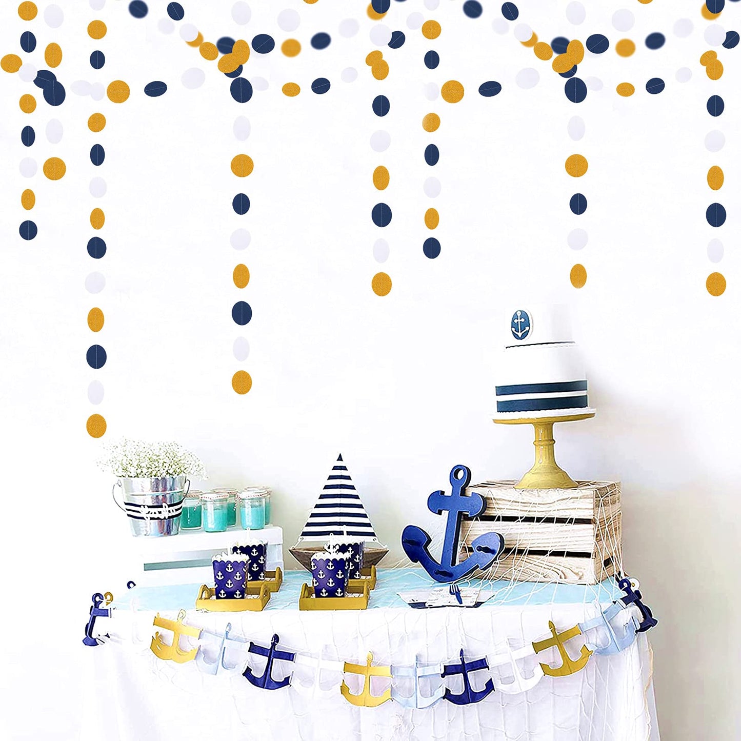 Navy-Blue White-Gold Party-Decorations Streamers Garland - 52Ft Graduation 2026 Glitter Hanging Paper Banner, Men Boy Birthday Nautical Fathers Day