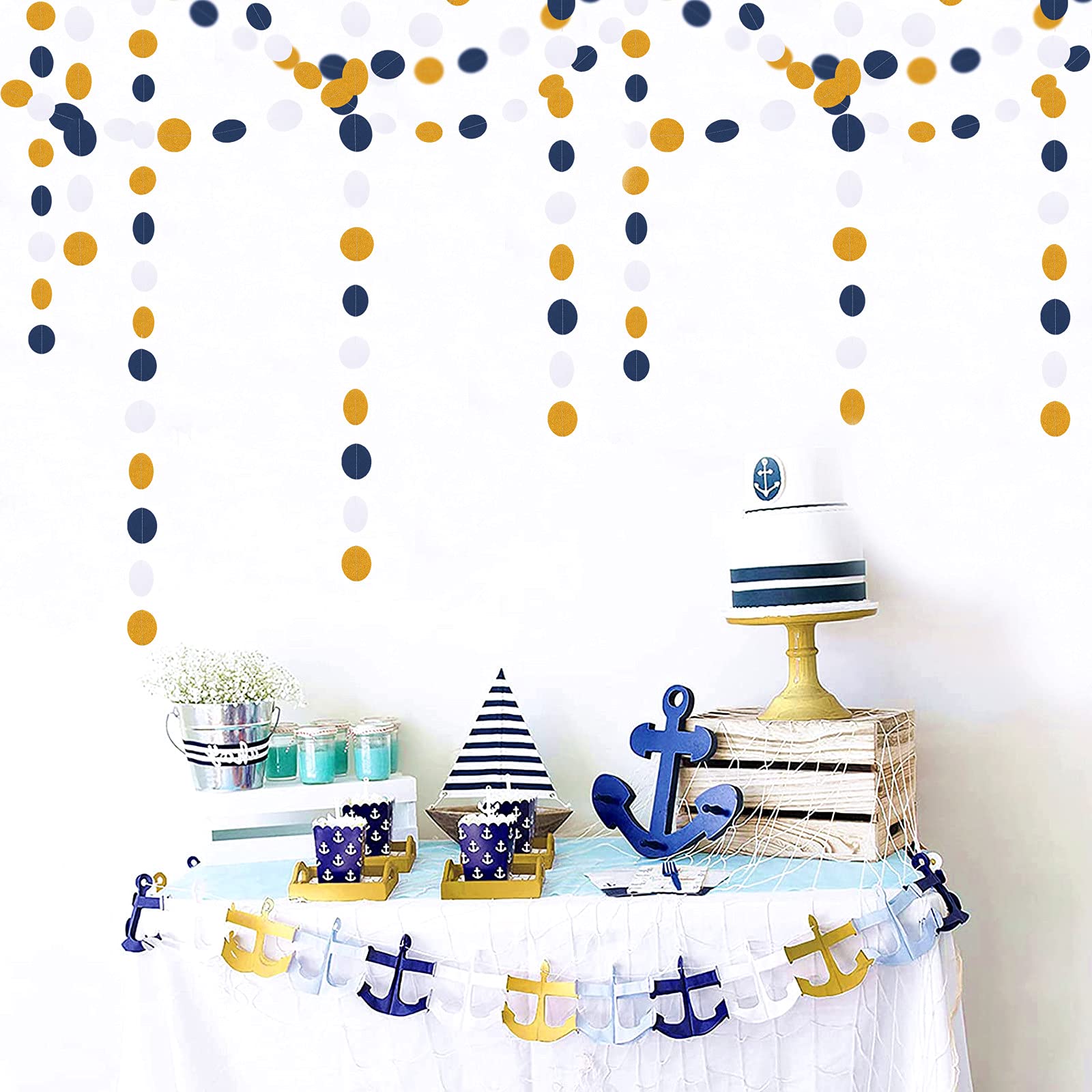 Navy-Blue White-Gold Party-Decorations Streamers Garland - 52Ft Graduation 2026 Glitter Hanging Paper Banner, Men Boy Birthday Nautical Fathers Day