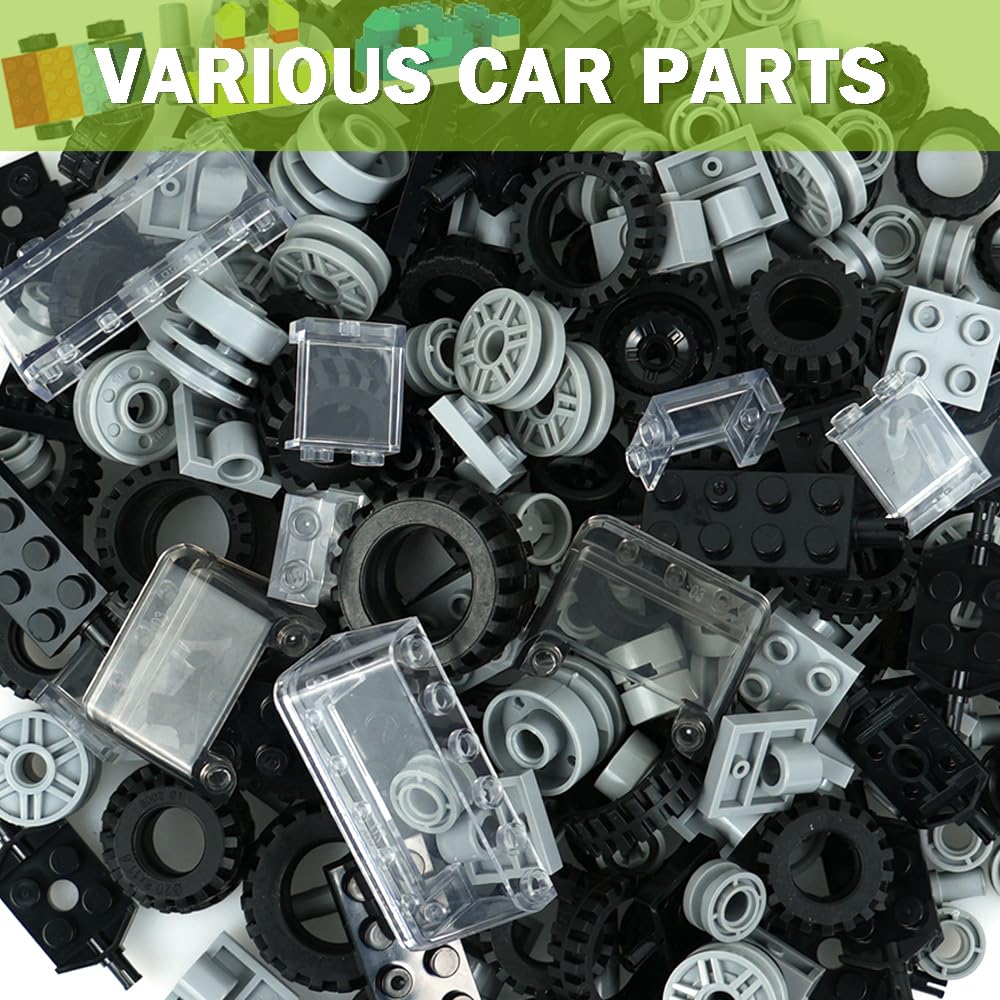 MALEKO Wheels and Axles Sets, 224pcs Car Parts and Pieces Tires Accessories Building, Construction Bulk Bricks