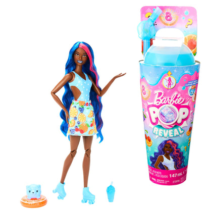 Barbie Pop Reveal Doll & Accessories, Fruit Punch Scent with Blue Hair, 8 Surprises Include Slime, Color Change & Puppy