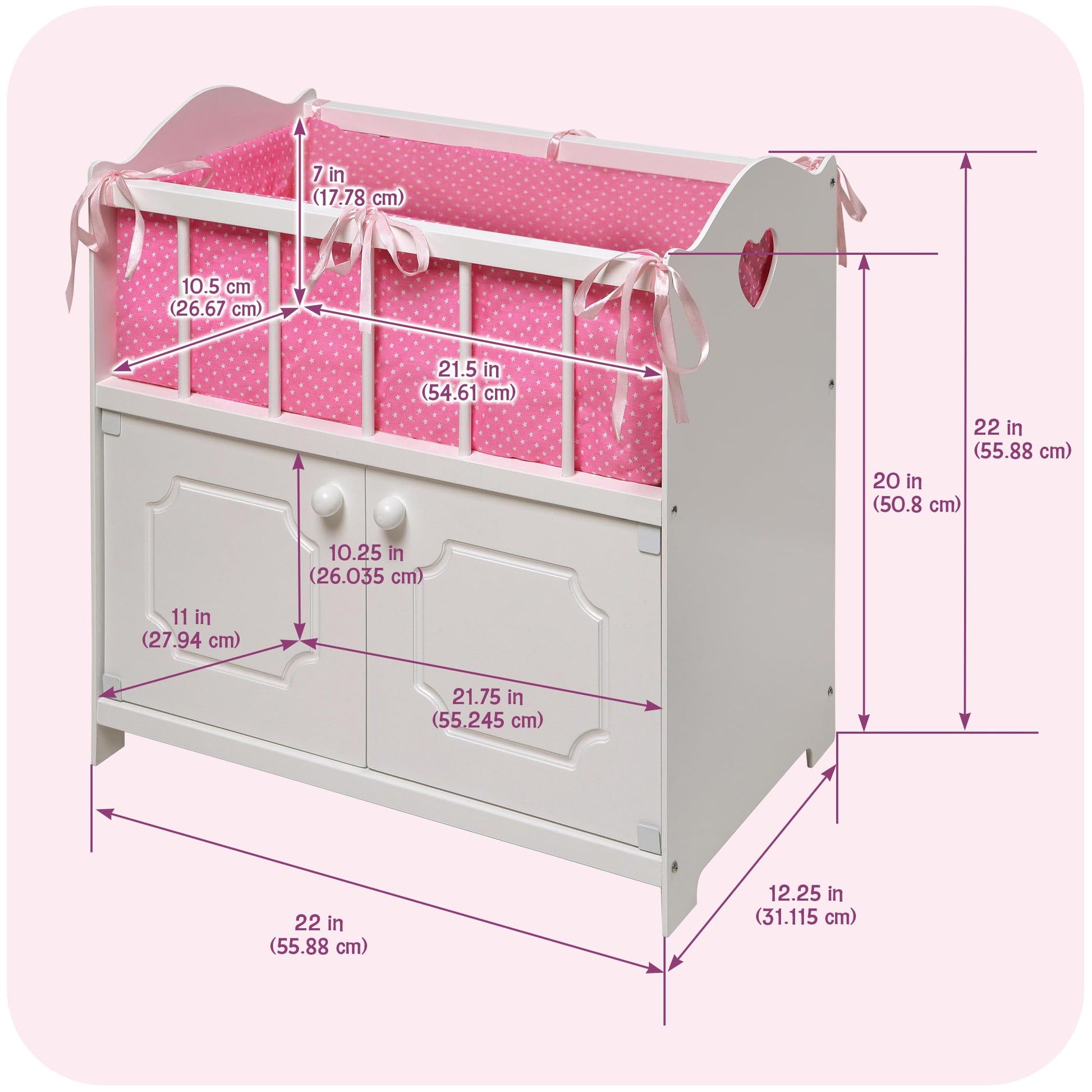 Badger Basket Wooden Baby Doll Crib with Bedding and Storage - Wooden Bed with Blanket, Pillow, and Personalization Kit - Ideal for Baby Dolls