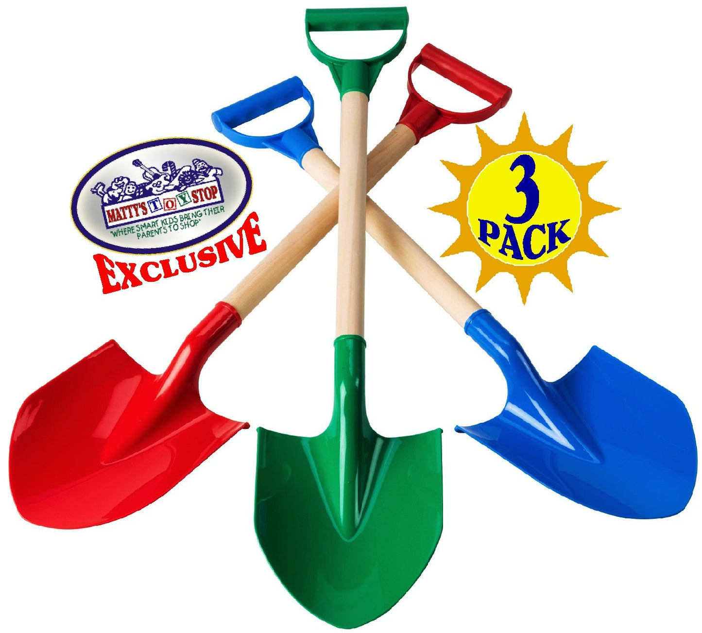 Matty's Toy Stop 31" Heavy Duty Wooden Kids Sand Shovels with Plastic Spade & Handle (Red, Blue & Green) Complete Gift Set Bundle - 3 Pack