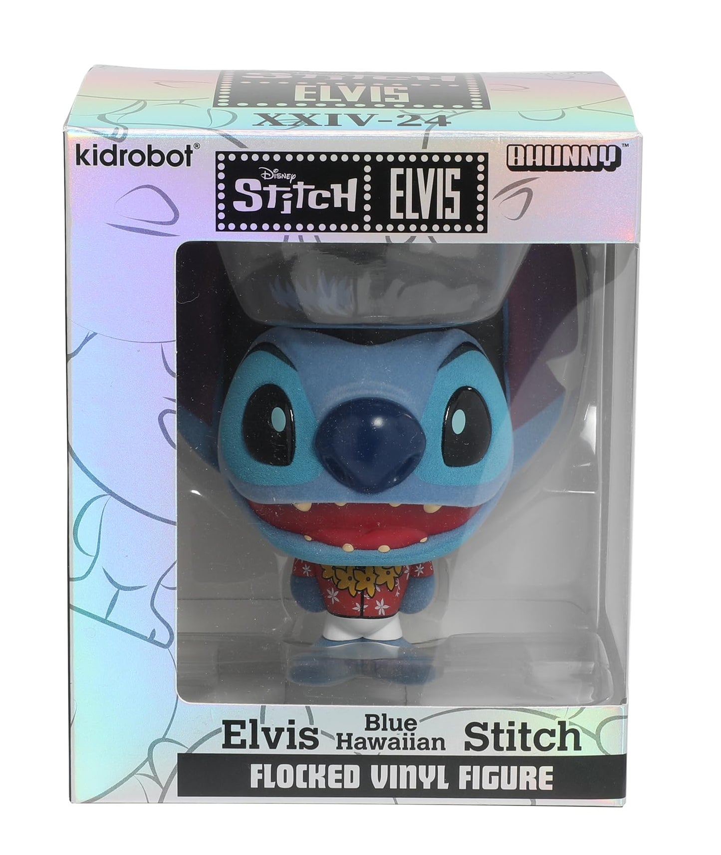 Collectible Disney: Lilo and Stitch Blue Hawaiian Elvis Stitch Flocked 4” Bhunny Stylized PVC Figure