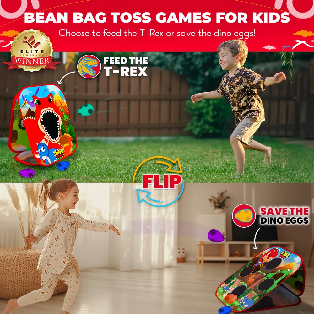 Swooc Games® - Dino Frenzy | 2-in-1 Corn Hole Games for Kids | 5-Second Setup | Dinosaur Bean Bag Toss Game for Kids | Kid Cornhole Game Set | Toddler