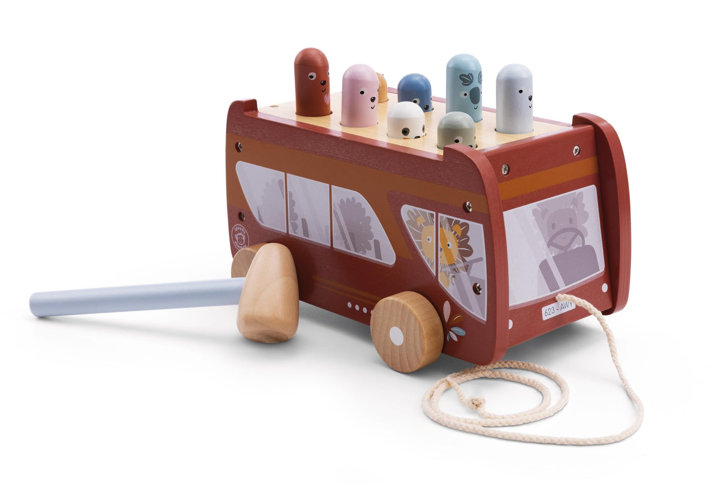 Speedy Monkey Bus Pounding Bench, Pull-Along Bus with Hammering Activity, 8 Wooden Characters, Enhances Hand-Eye Coordination, Safe Design, Non-Toxic