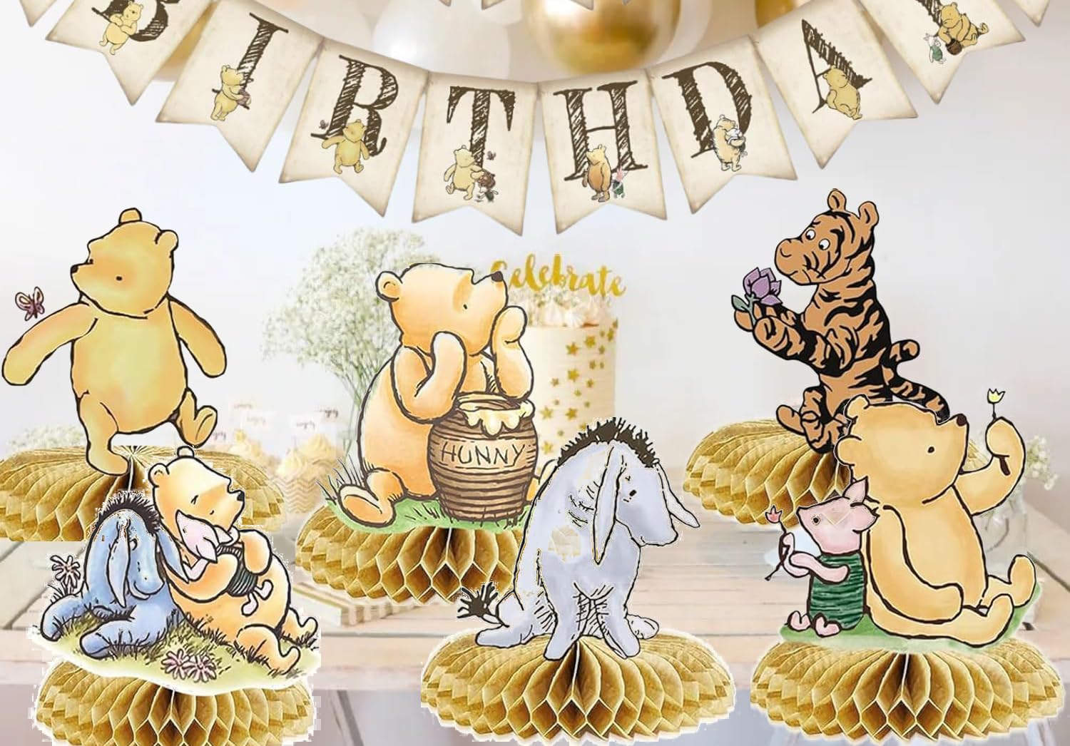 9PCS Classic Winnie Centerpieces Decorations, Winnie Honeycomb Centerpieces for Birthday Party Baby Shower Decorations Table Centerpieces Table Topper