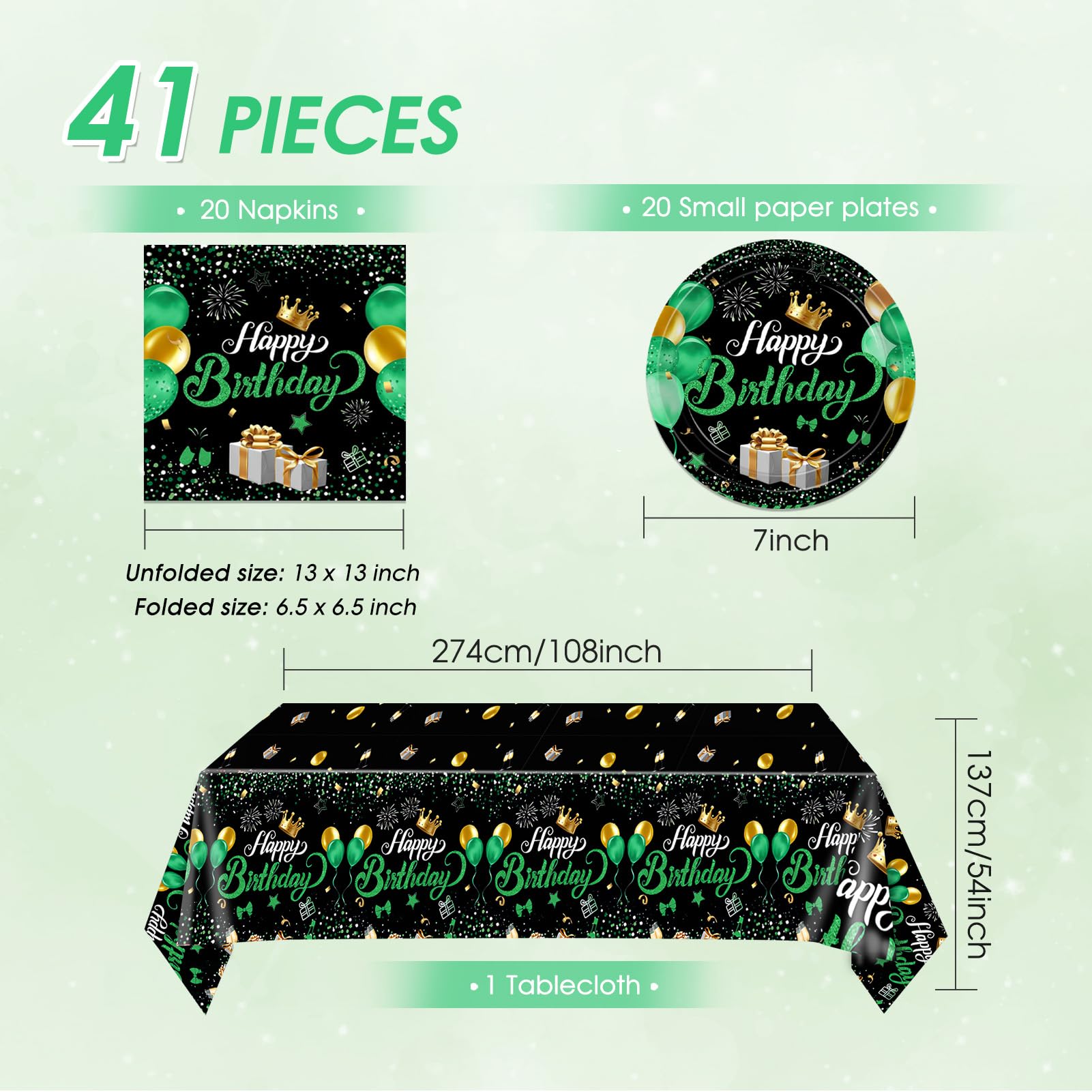 Green Birthday Decorations for Men Boys,Green and Black Party Tableware Set Include Birthday Plates Napkins and Tablecloth,for Mens Boy Bday Party