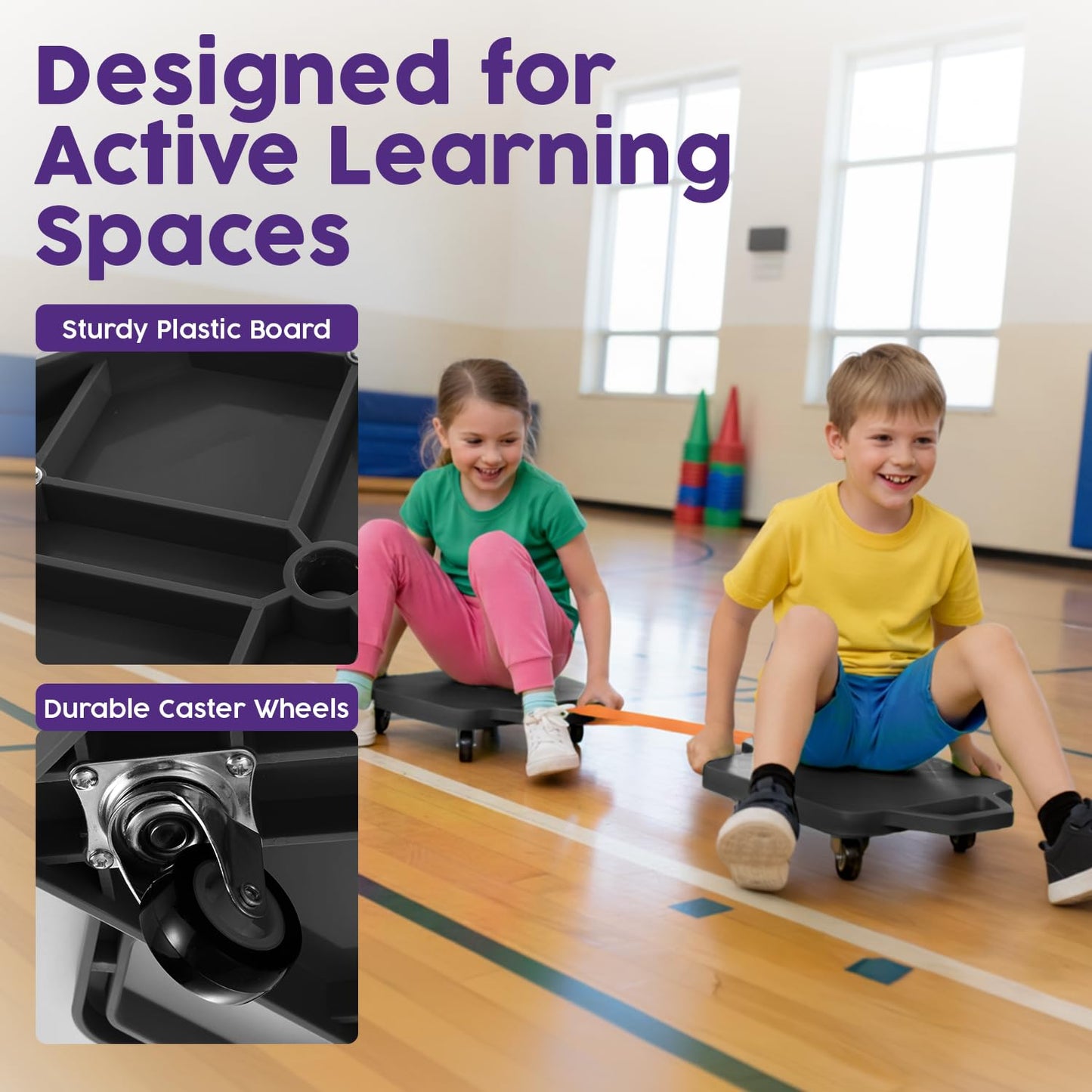Hurtle Scooter Board for Kids with Safety Handles - Heavy Duty Gym Floor Scooter with 360° Wheels for PE, Indoor Active & Sensory Play - Supports 200