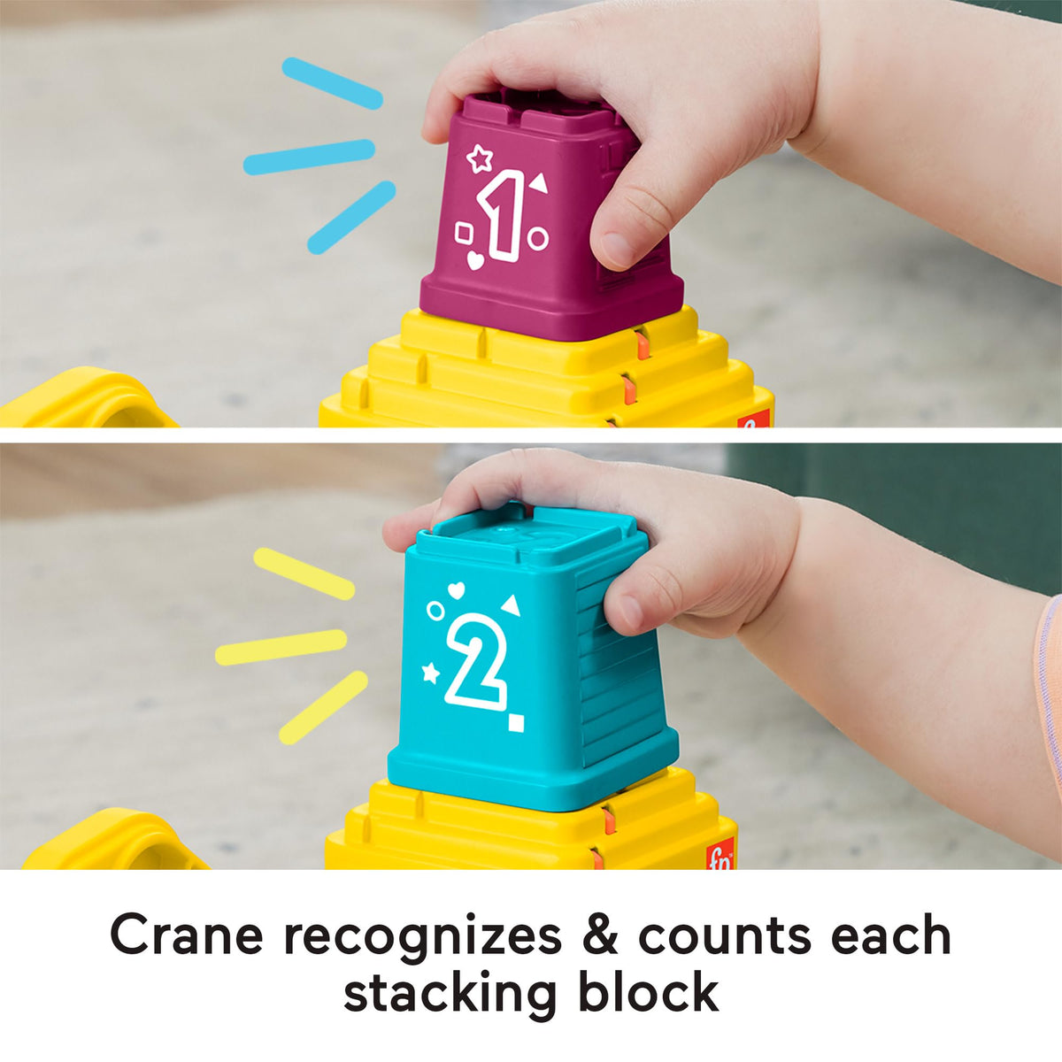 Fisher-Price Baby & Toddler Learning Toy Count & Stack Crane with Blocks, Lights, Music & Sounds for Infants Ages 9+ Months, English, UK + French +