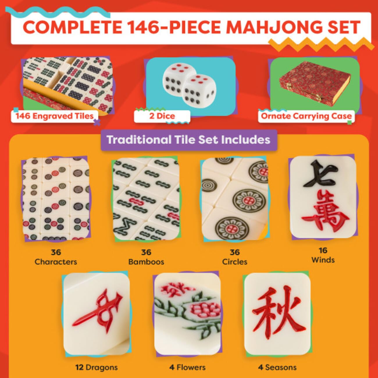 HEY! PLAY! Chinese Mahjong Set with Ornate Storage Case - Traditional Mahjong Tile Game with 146 Engraved Tiles and Two Dice for Adults and Kids