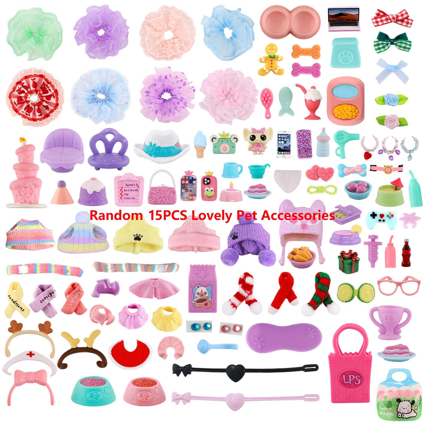 15 Pcs Miniature Pet Figure Accessories Set - Random Dress Clothes Bow Collar Food Drink for lps Shorthair Cat Collie Dachshund Cocker Spaniel