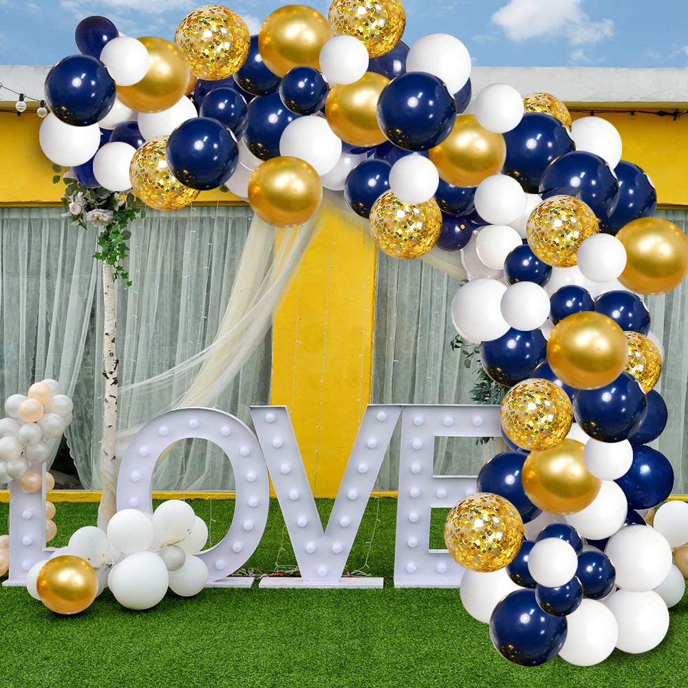 Navy Blue Gold Balloons Garland Kit, 120 pcs Navy and Gold Confetti White Balloons Arch for Graduation Birthday Party Baby Shower DIY Decoration