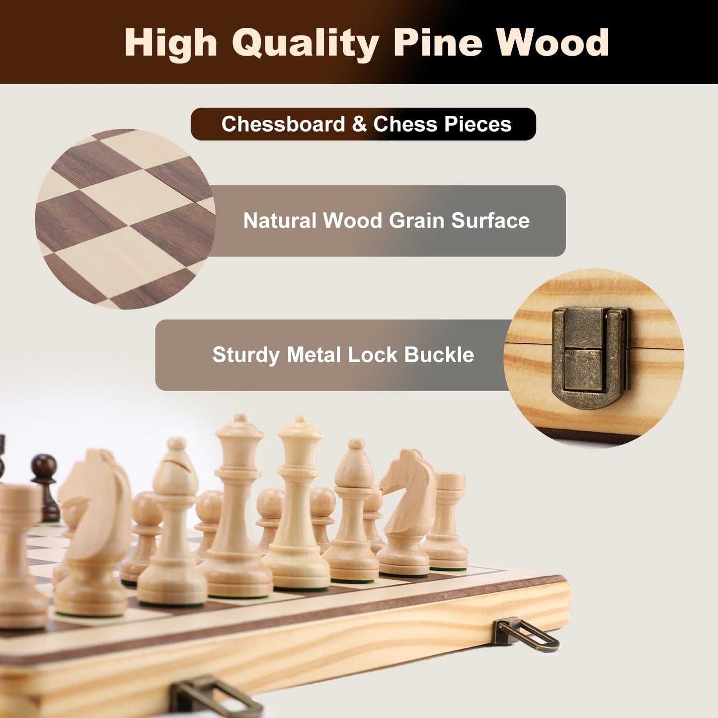 15 Inch Wooden Chess Set with Folding Board and Chess Piece Storage Slot, Handmade Portable Travel Chess Game Sets for Kids Adults Beginner and Pros