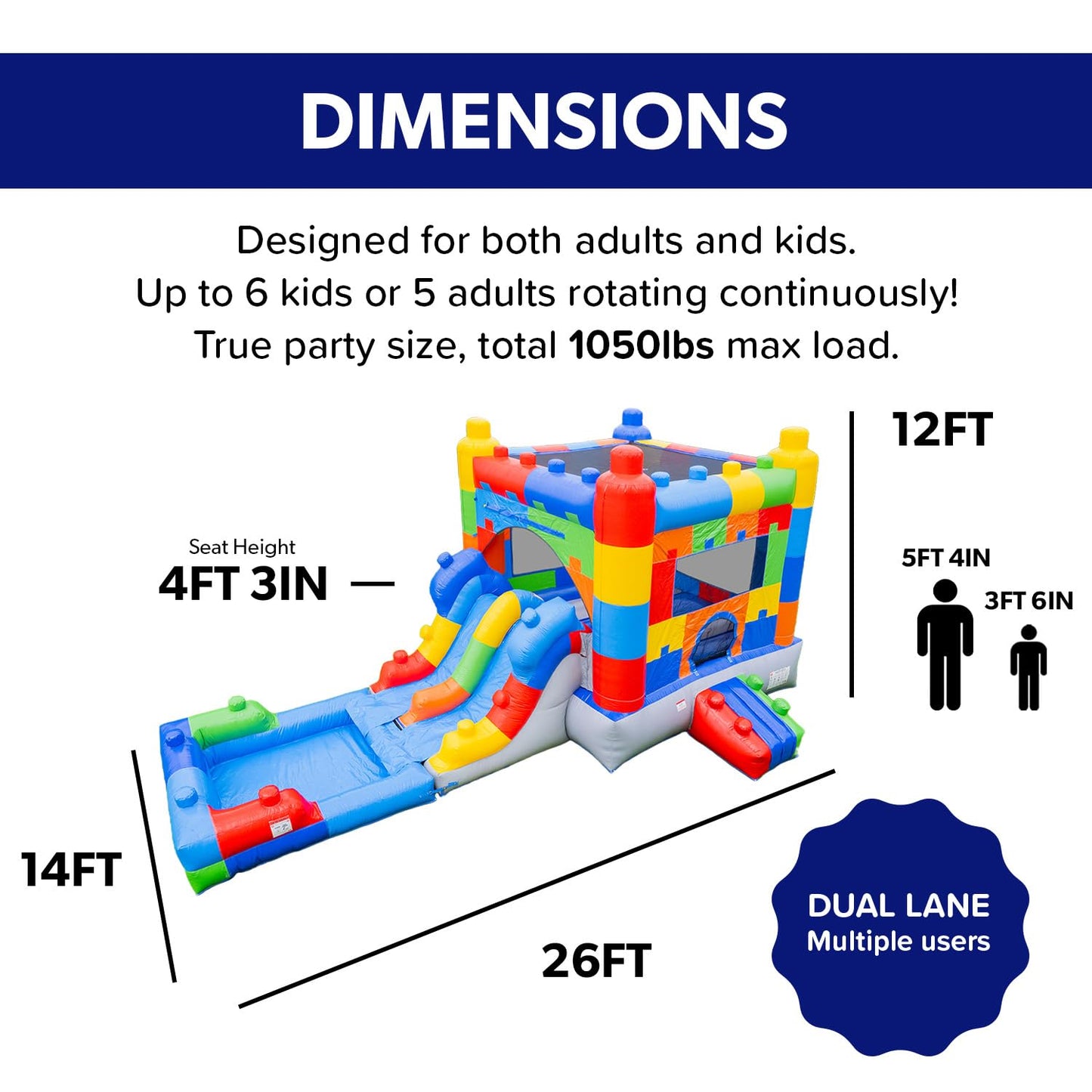 HeroKiddo 12ft Block Party Inflatable Bounce House Dual Lane Slide with Blower