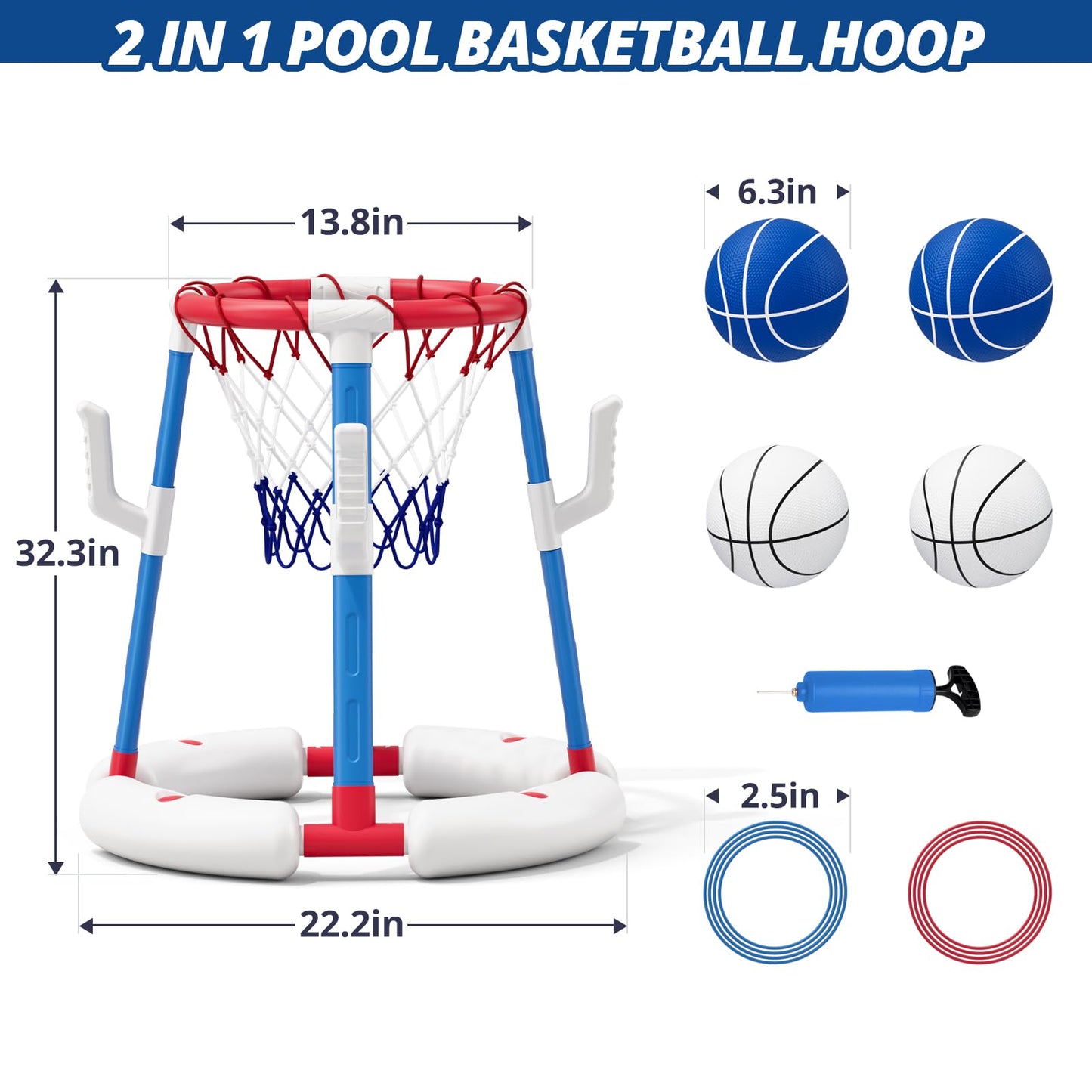 2-in-1 Pool Basketball Hoop & Ring Toss Game, Floating Pool Toys for Kids