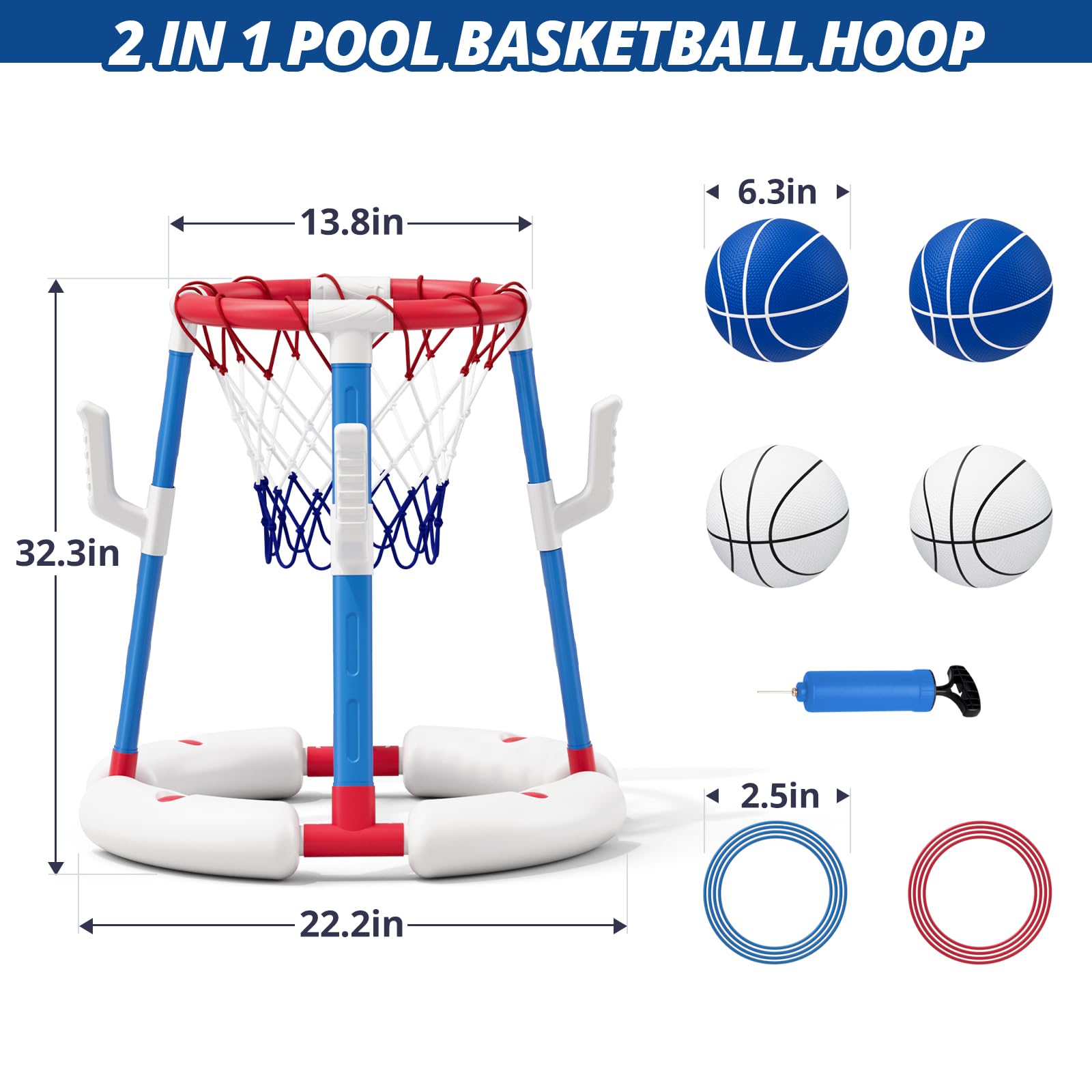 2-in-1 Pool Basketball Hoop & Ring Toss Game, Floating Pool Toys for Kids