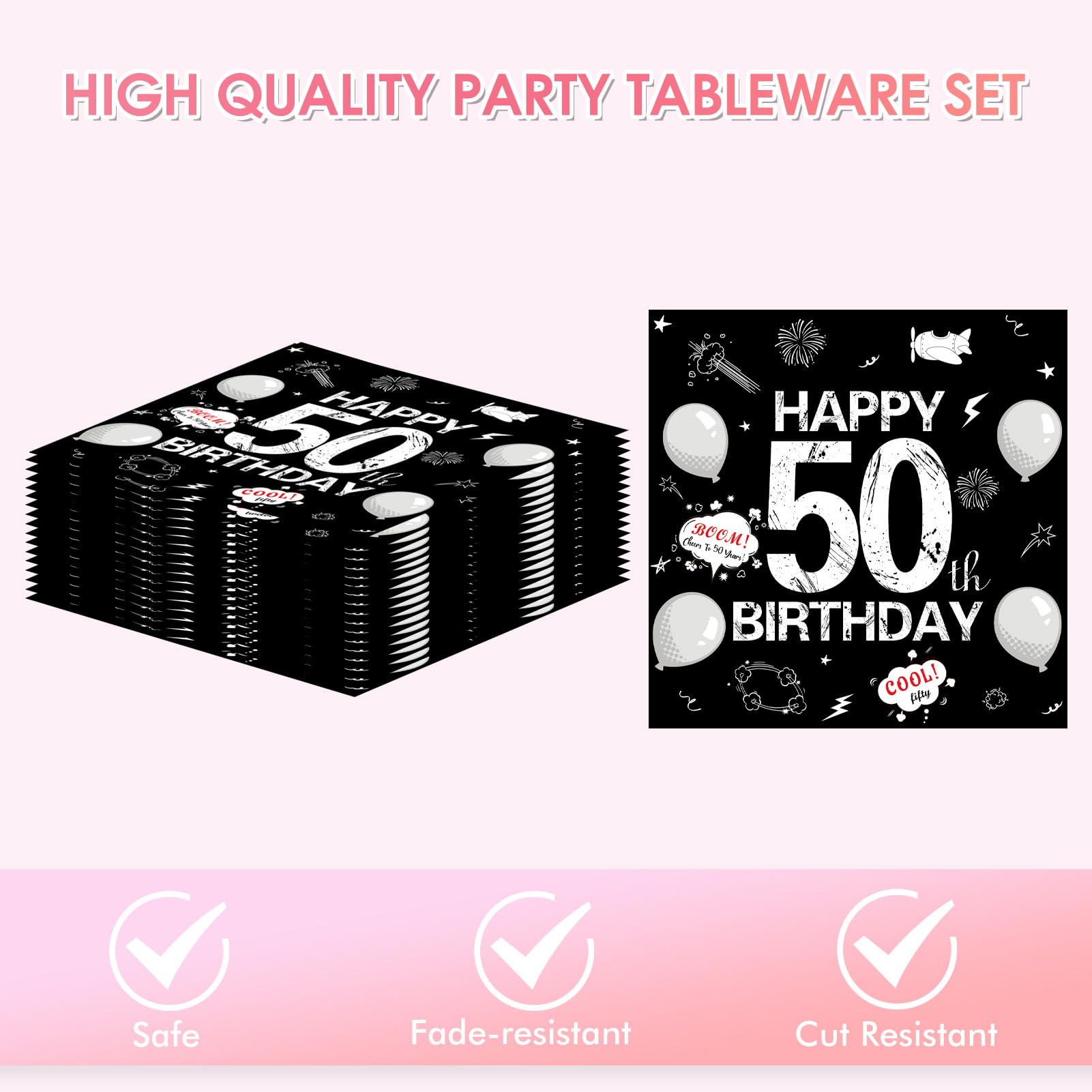 50th Birthday Party Supplies Serves 20 Black 50 Years Old Party Paper Dessert Plates Napkins Cheers to 50 Years Birthday Party Tableware Set Kit
