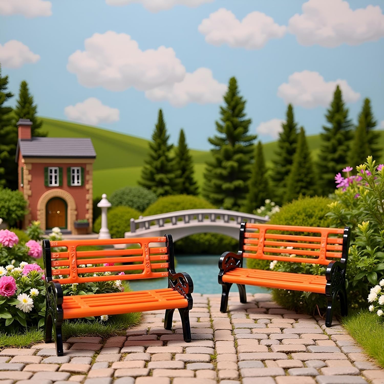 2Pcs Miniature Park Bench Set, Mini Street Seats for Fairy Garden Decor, Dollhouse Furniture, Micro Landscape Decoration