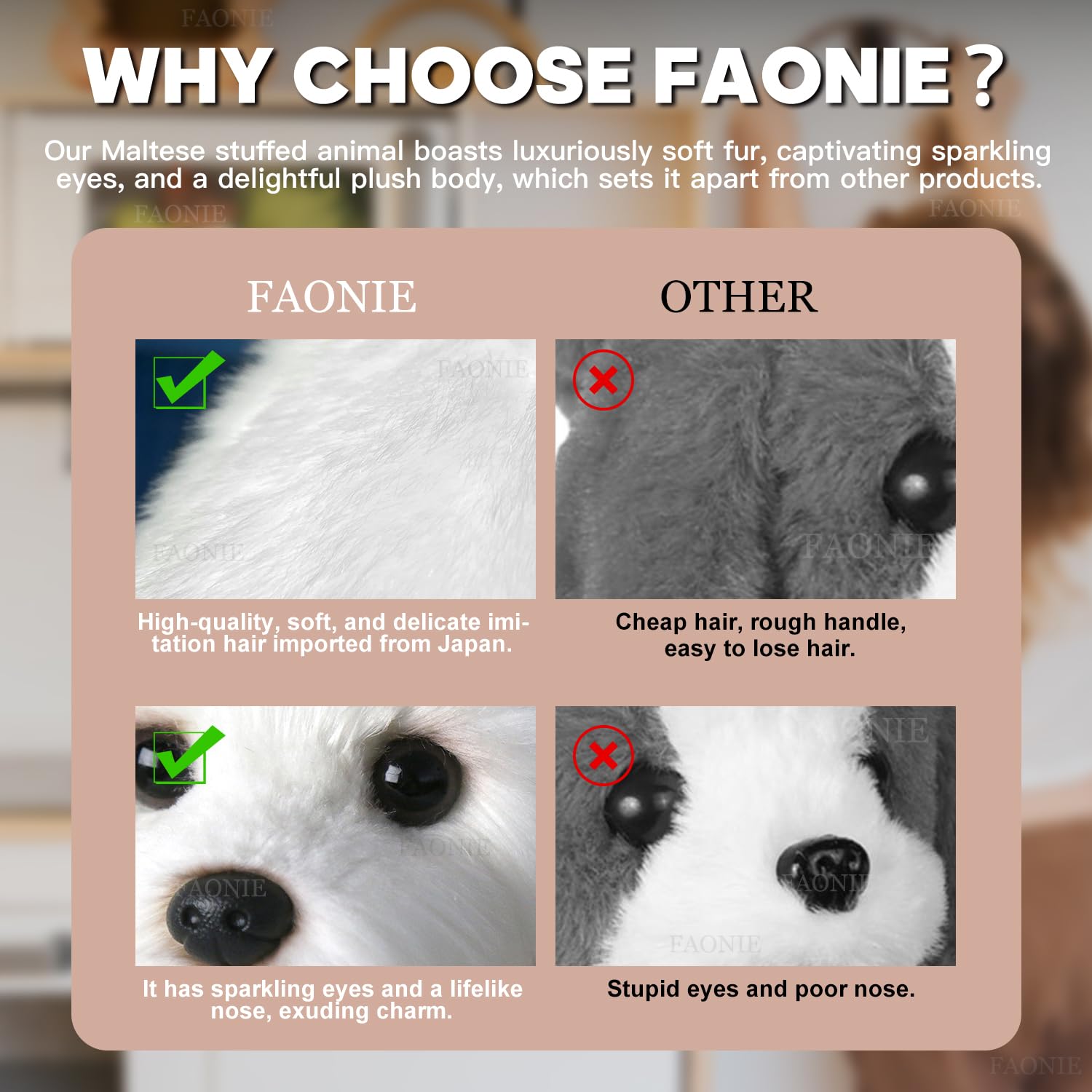 FAONIE Realistic Plush Maltese Dog, Stuffed Animal Puppy Dog Toys, For Kids Adult Birthday, White, 14inch