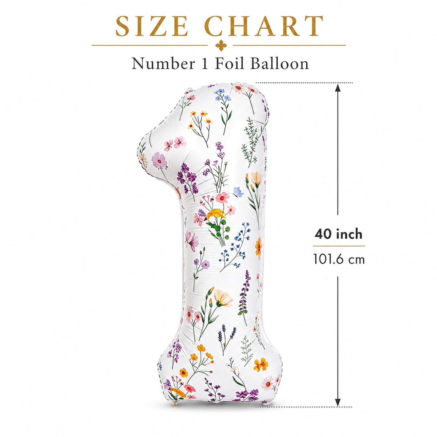 40 Inch Floral Number 1 Balloon, White Wildflower Foil Mylar Balloon for Girls 1st Birthday Decorations, Baby Girl One Year Old Birthday Party