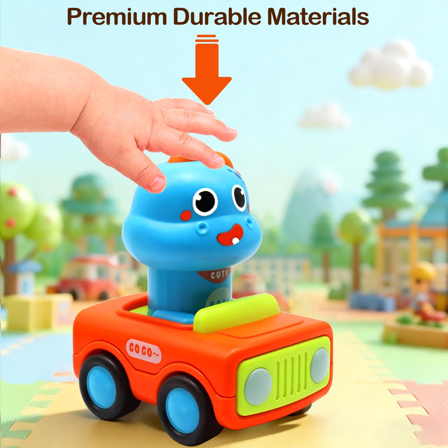 Pbooo Press to Go Car, Dinoaur Car Toys for Toddlers 1-3, Kids' Play Vehicles and Race Cars, Push Go Cars for 6-12-18 Month, Ideal Christmas
