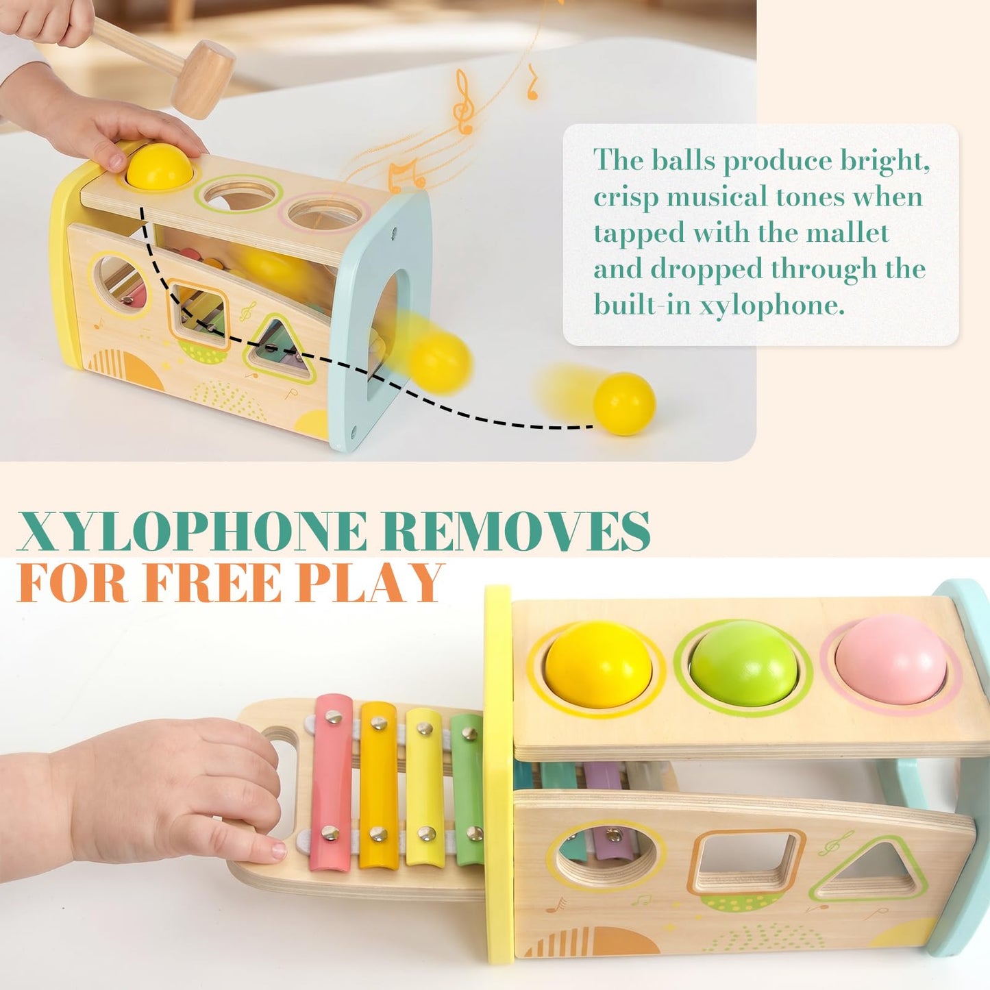 WOODENFUN Hammering Pounding Toys Wooden Educational Toy Xylophone Shape Sorter, Birthday Gift for 3 Years Boys Girls Baby Toddler Kids Developmental