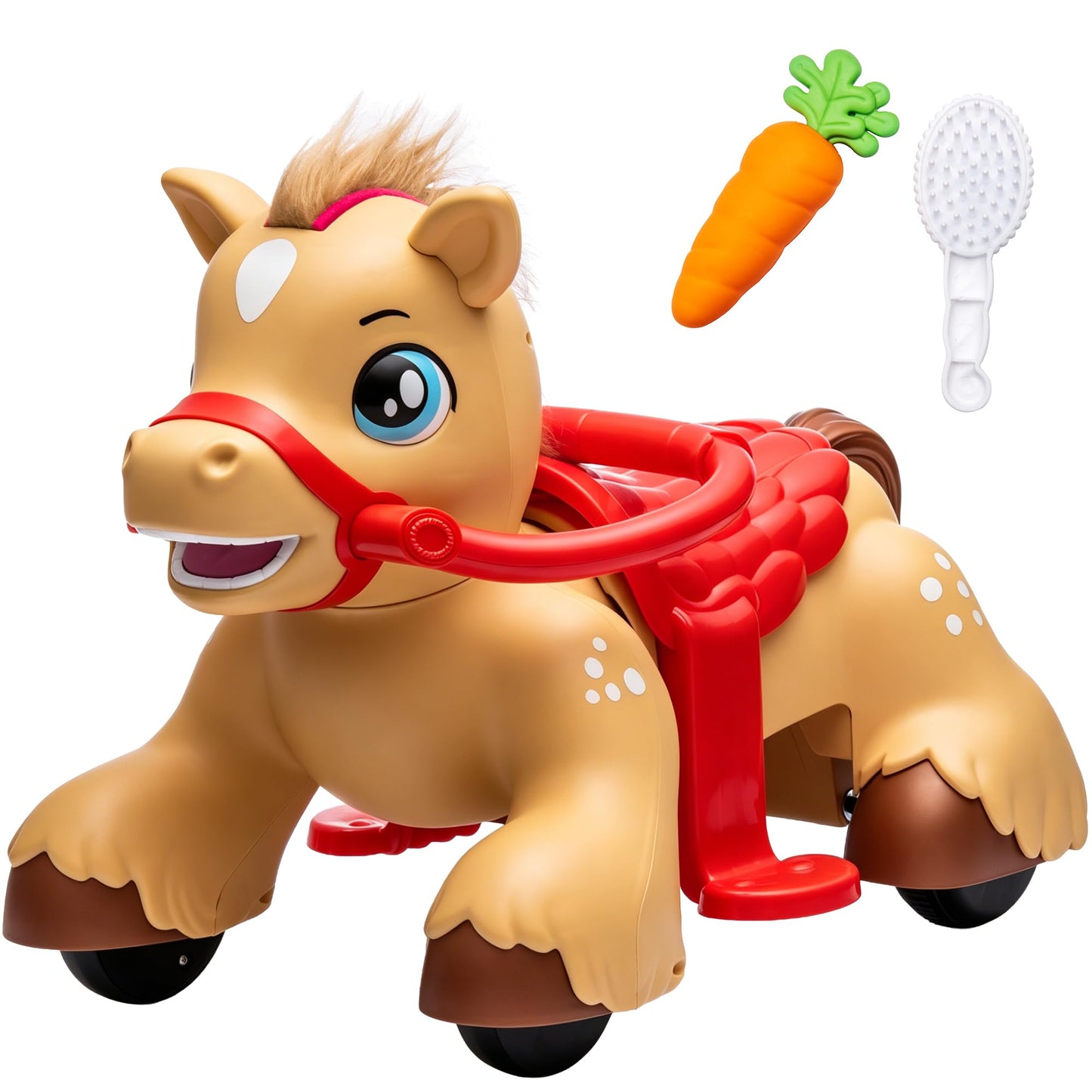 NEWDOOD 12V Ride on Toy for Toddlers, Battery Powered Electric Riding Horse w/Glowing Horn & Magic Sounds, Carrot Toy, Comb, Plush Mane, Ride on Horse