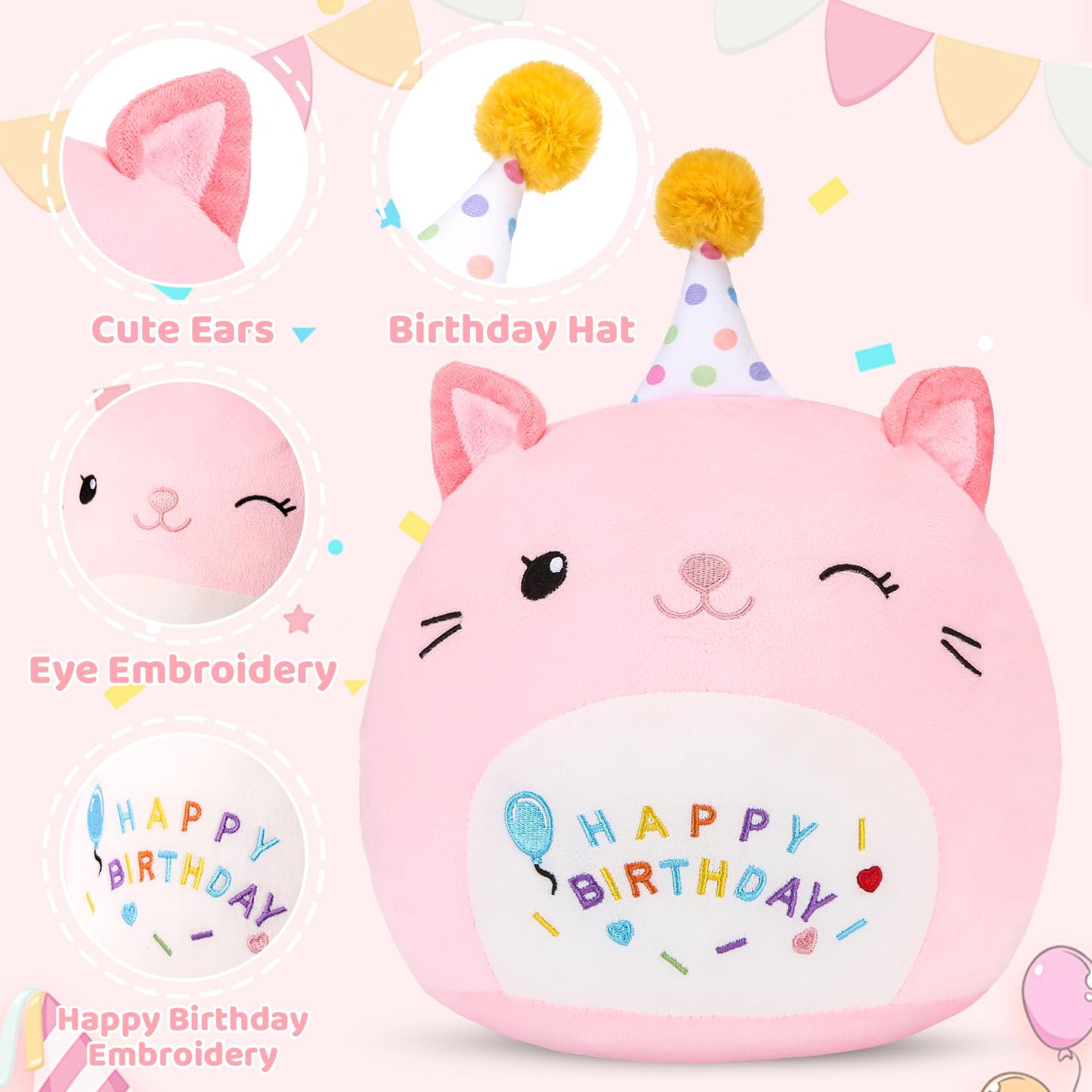 ABEARCAR Cute Cat Plush Birthday Gifts for Girls, Soft Cat Plushies Toy Pink Pillow Cat Stuffed Animals Gift for Girlfriend Kids Birthday 8" Cat