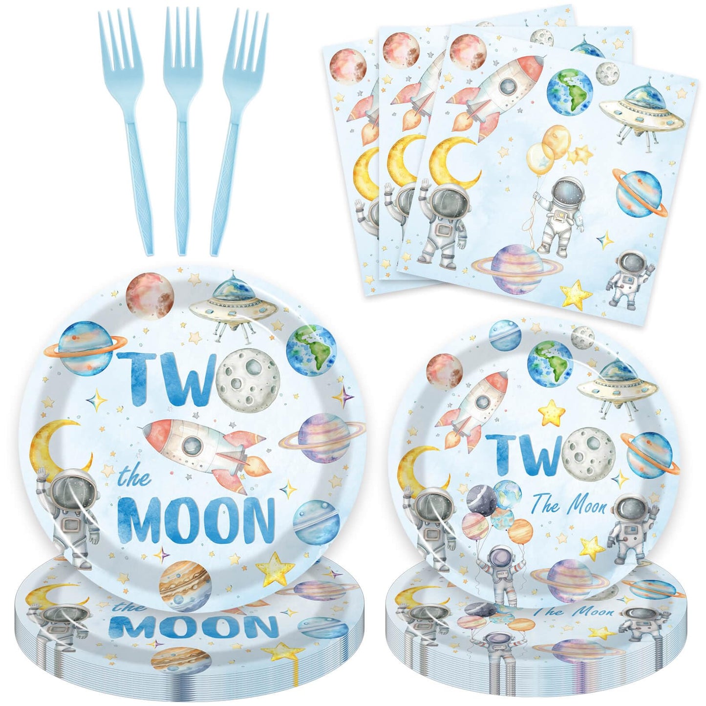 80 Pcs Space 2nd Birthday Party Supplies, Two the Moon Plates Napkins Forks Tableware Kit for Outer Space Man Galaxy Astronaut Theme Boys 2nd Birthday