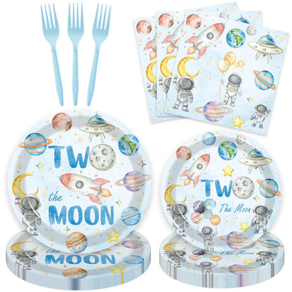 80 Pcs Space 2nd Birthday Party Supplies, Two the Moon Plates Napkins Forks Tableware Kit for Outer Space Man Galaxy Astronaut Theme Boys 2nd Birthday