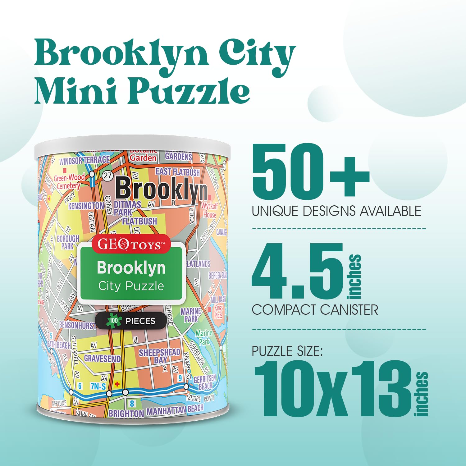 Geotoys Brooklyn Mini Puzzle - 100 Piece Puzzles for Kids and Adults in Portable Can, 13" x 10" Educational Travel Puzzle for Ages 7 and Up - Mini