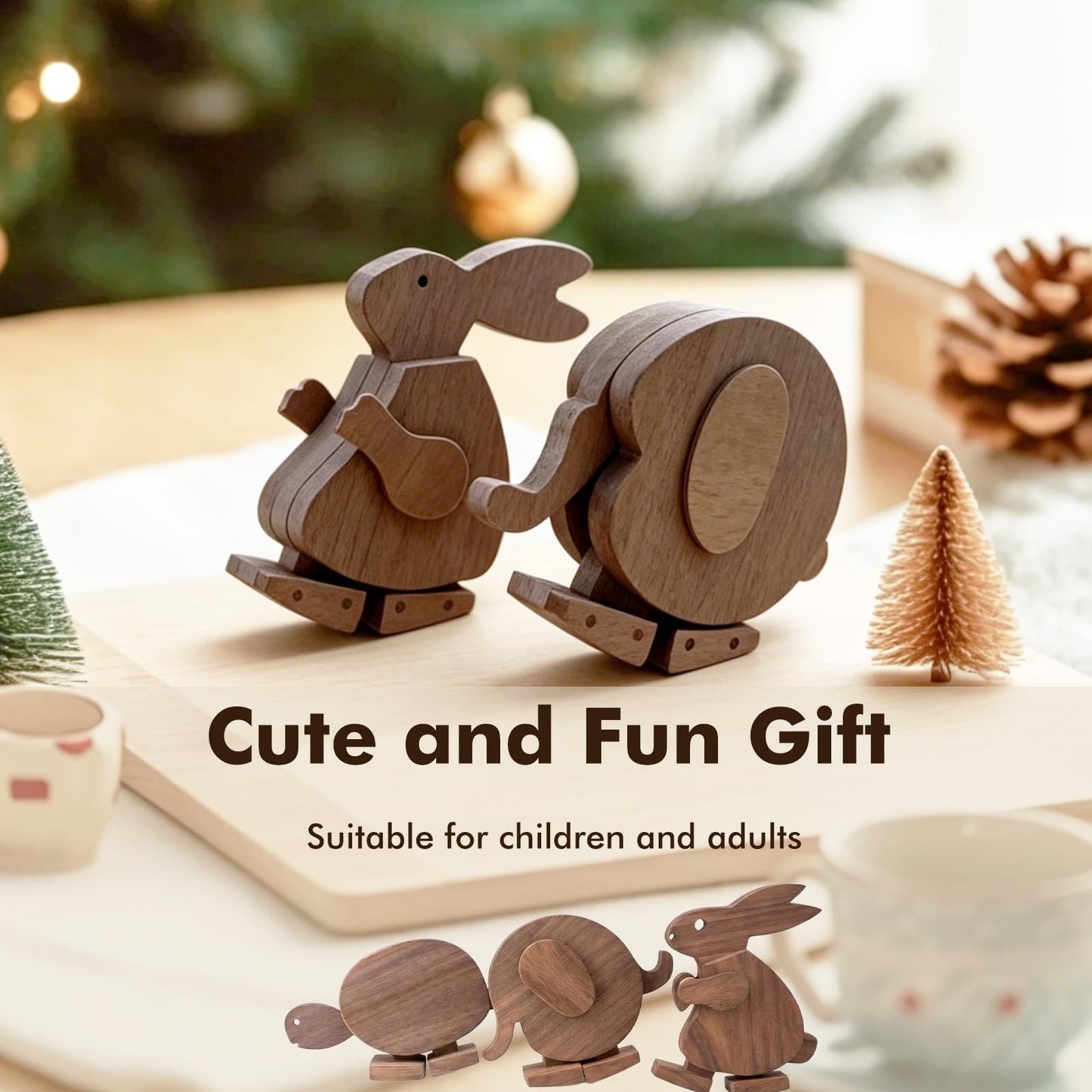 Handmade Walking Wooden Animals Pull and Push Walkable Elephant Pull Along Walking Turtle Mechanical Balance Rabbit Walker Sculpture Wooden Animals