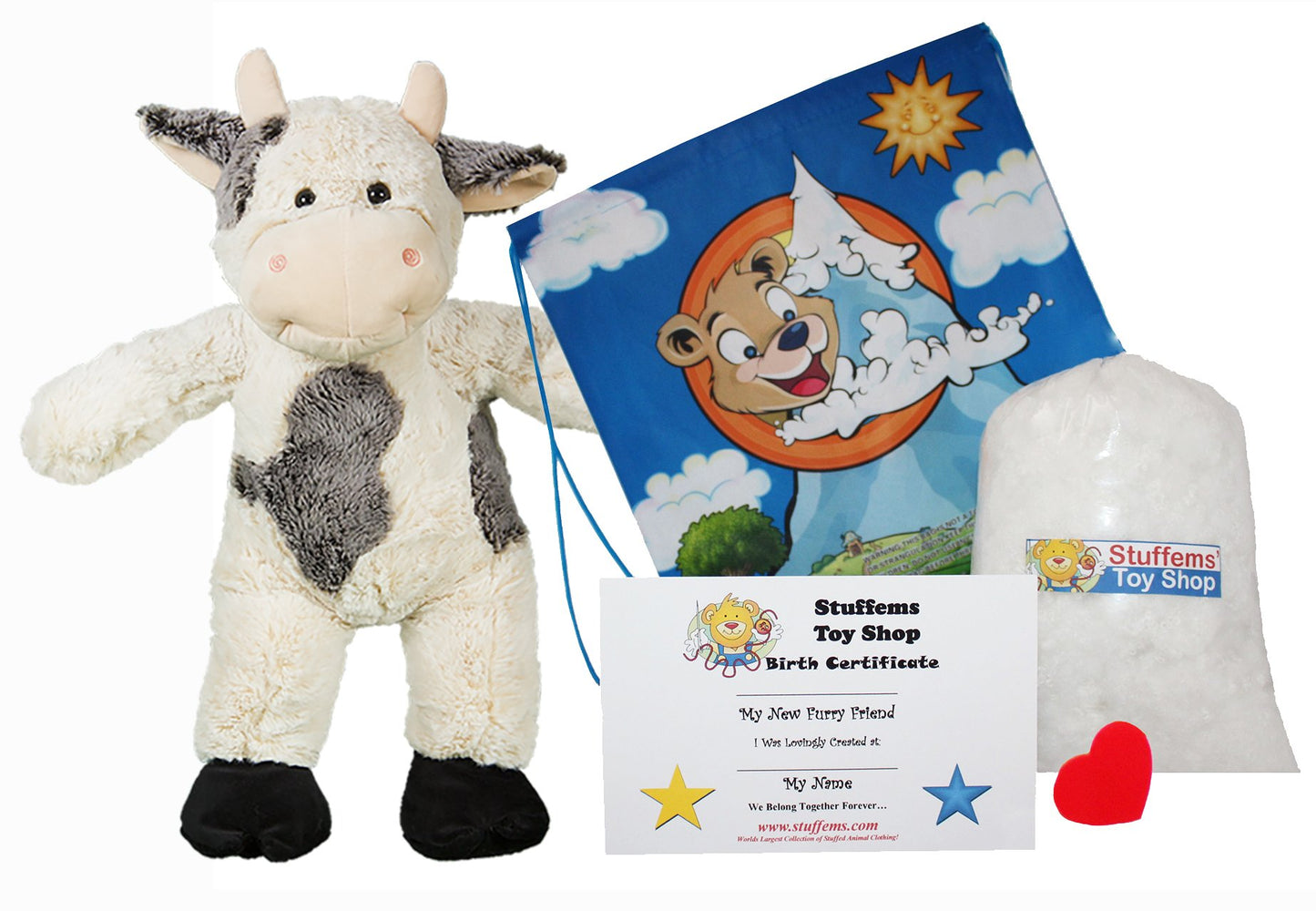 Stuffems Toy Shop Make Your Own Stuffed Animal 16" "Bessie Mae Moo-cho the Cow - No Sew - Kit with Cute Backpack!