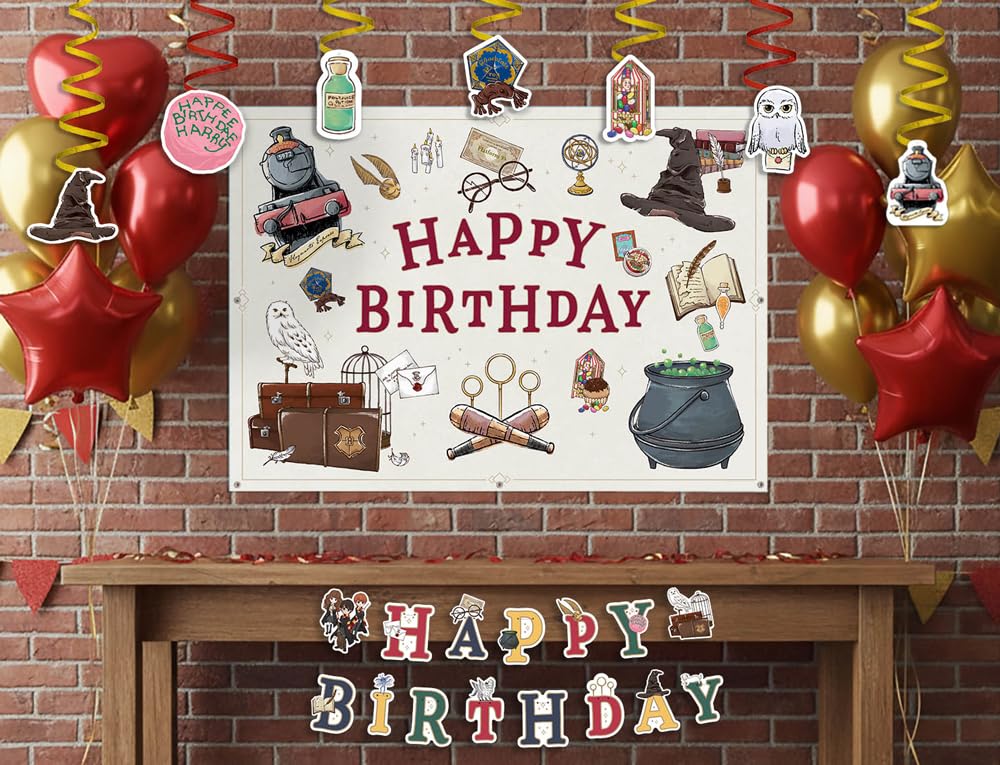 ConQuest Journals Harry Potter Birthday Party Garland & Hanging Decorations Set, Wizarding World HAPPY BIRTHDAY Banner (72"), 14 Hanging Decor Pieces