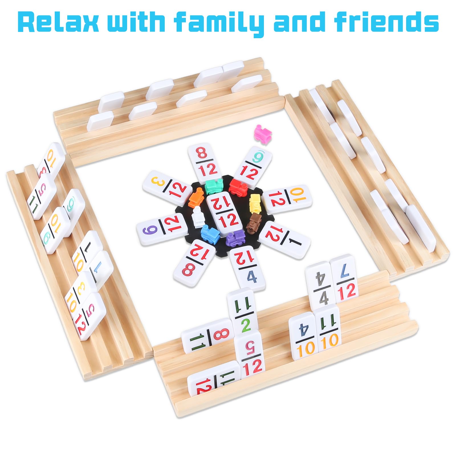 JOYOUSLIFE 4pc Wooden Domino Trays, Mexican Train Domino Racks Set, Double 12 Tiles Domino Holders (Dominoes not Included)